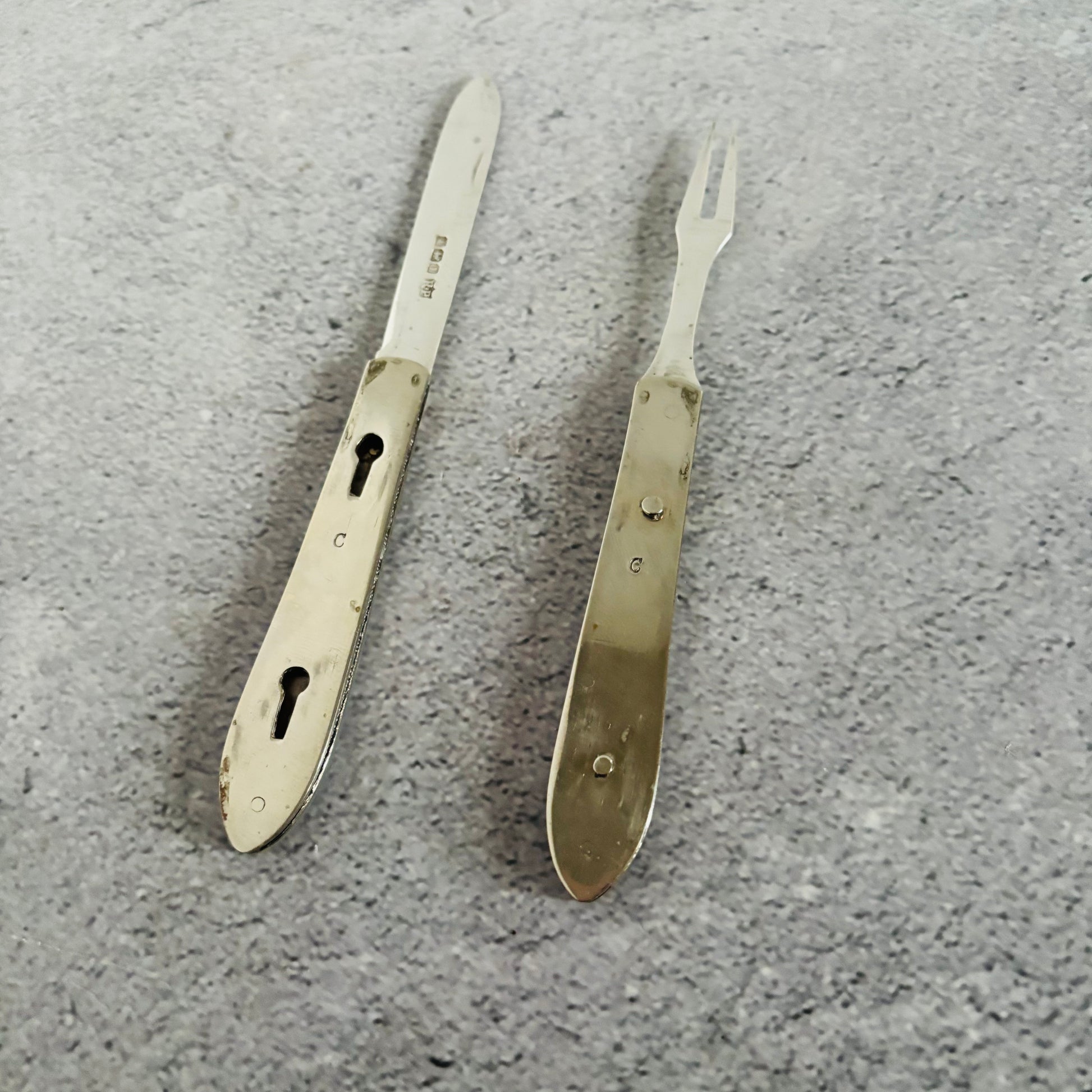Unusual Antique Silver Folding Two Fruit Fork and Knife Combo| Travel Fork
