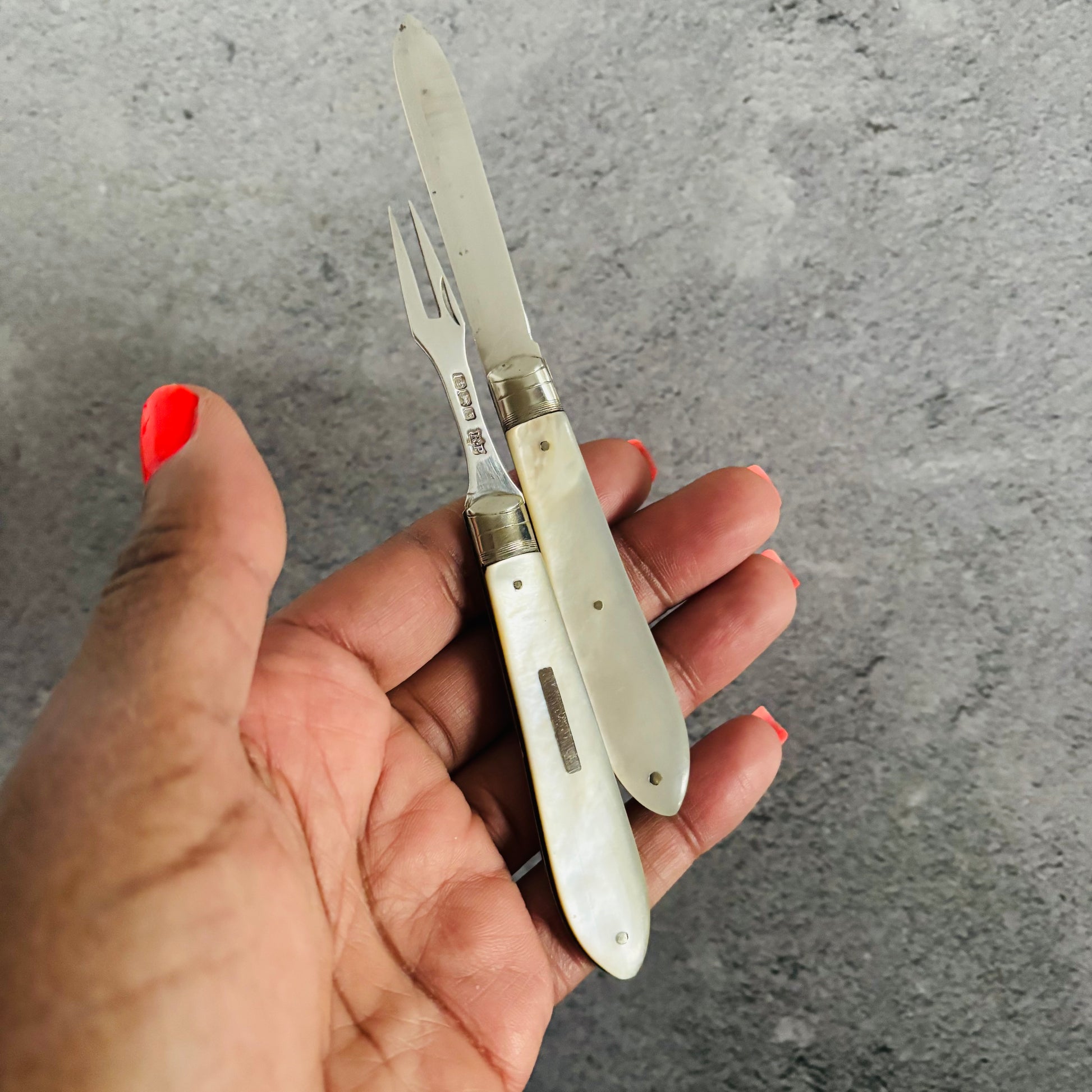 Unusual Antique Silver Folding Two Fruit Fork and Knife Combo| Travel Fork