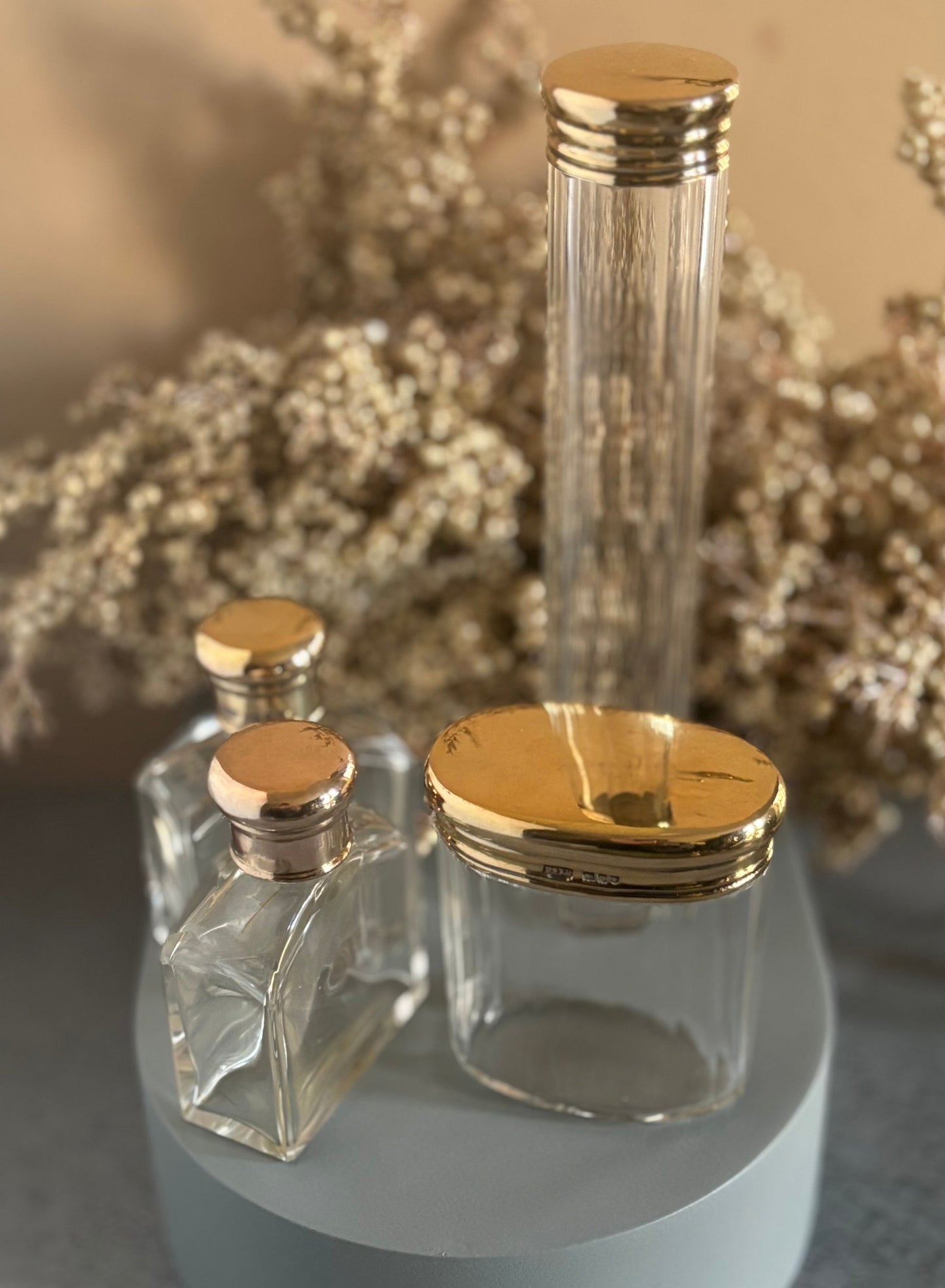 Antique Vanity Glass Jars. Sterling Silver Gilt Lids | The Urban Vintage Affair