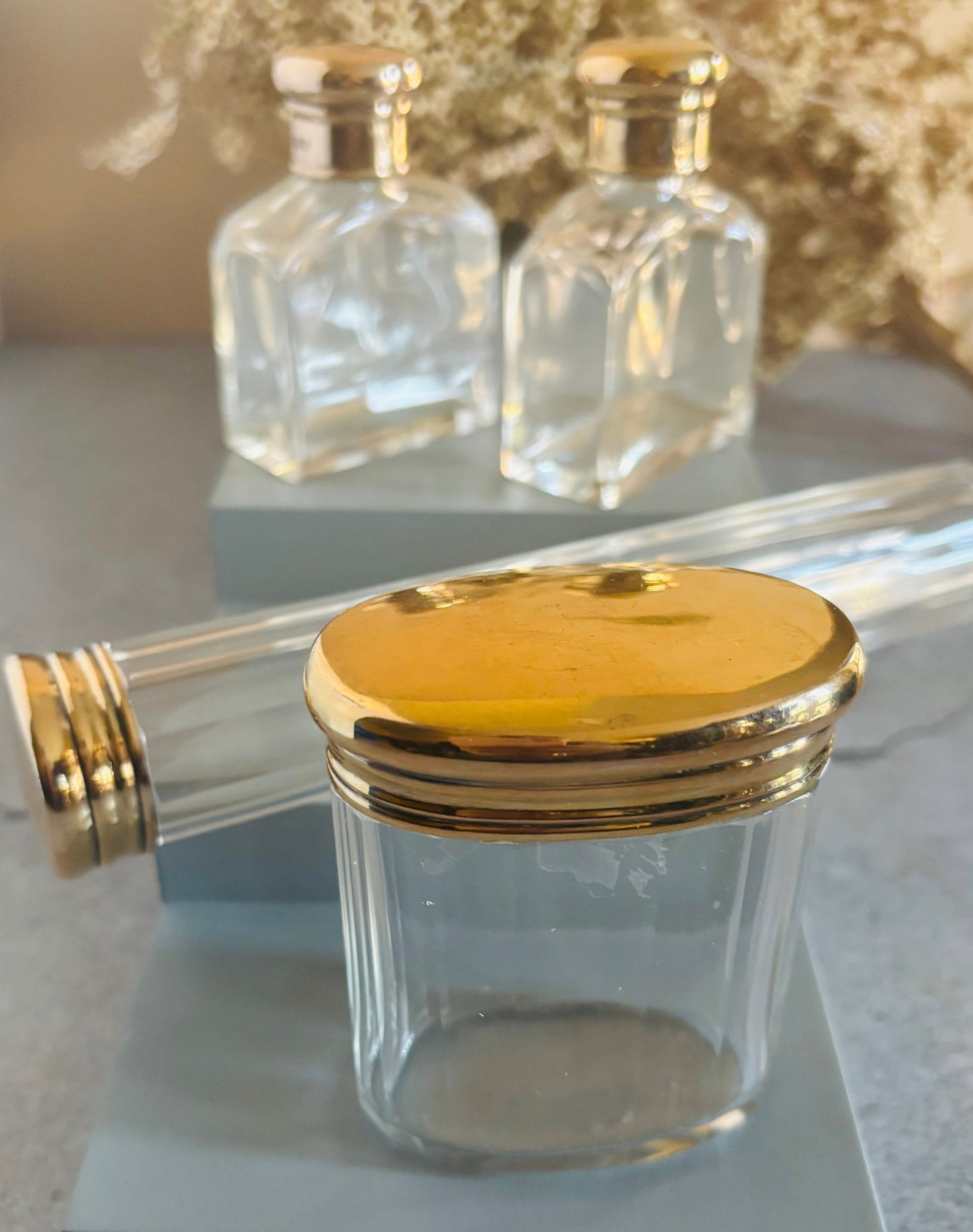 Antique Vanity Glass Jars. Sterling Silver Gilt Lids | The Urban Vintage Affair