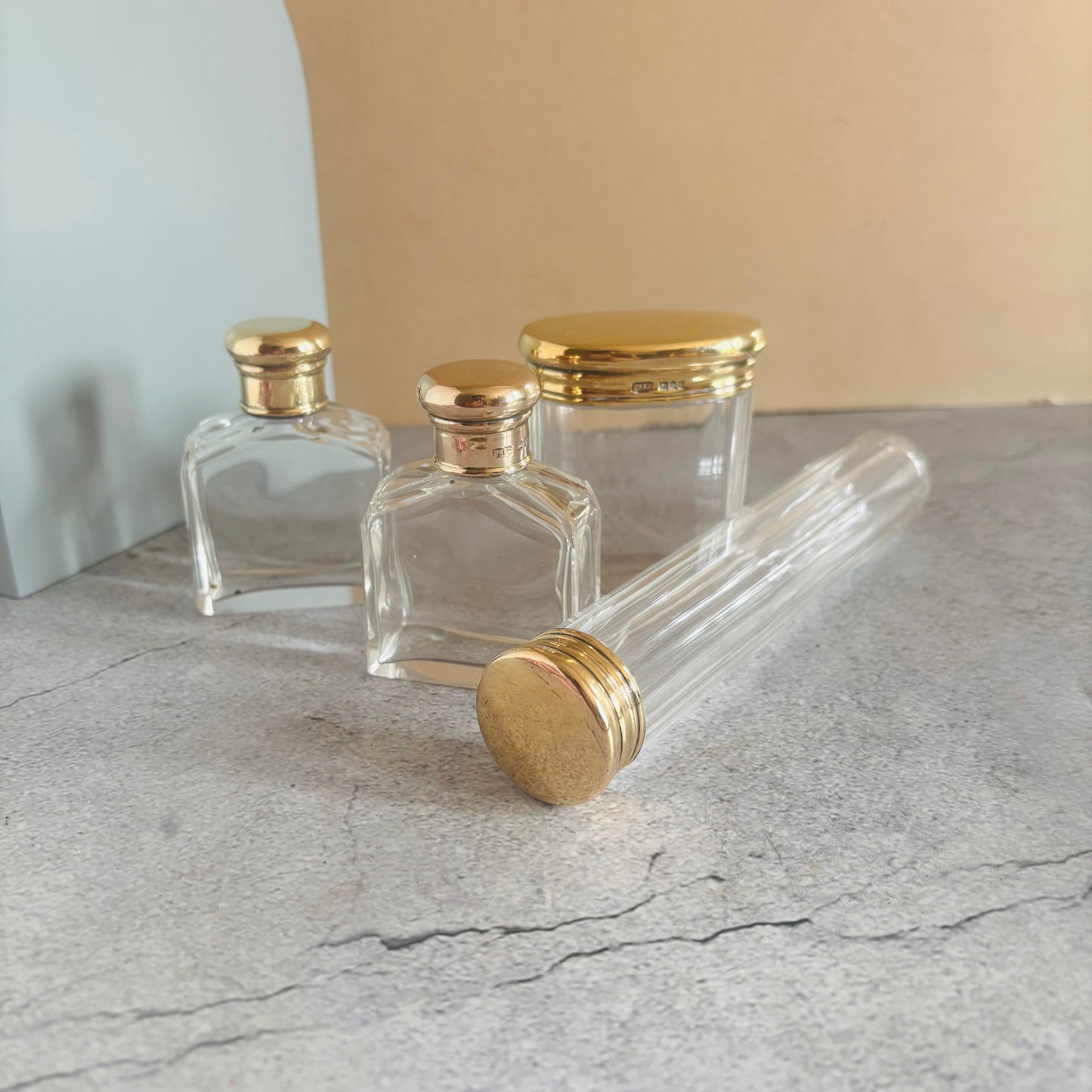 Antique Vanity Glass Jars. Sterling Silver Gilt Lids | The Urban Vintage Affair