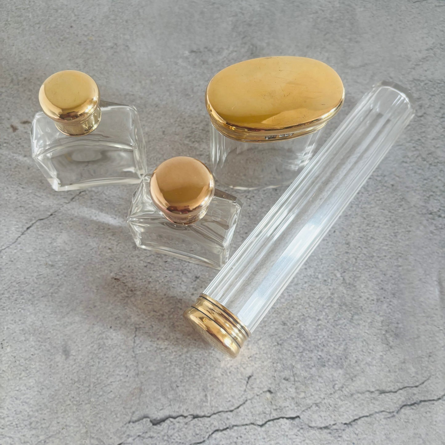 Antique Vanity Glass Jars. Sterling Silver Gilt Lids | The Urban Vintage Affair
