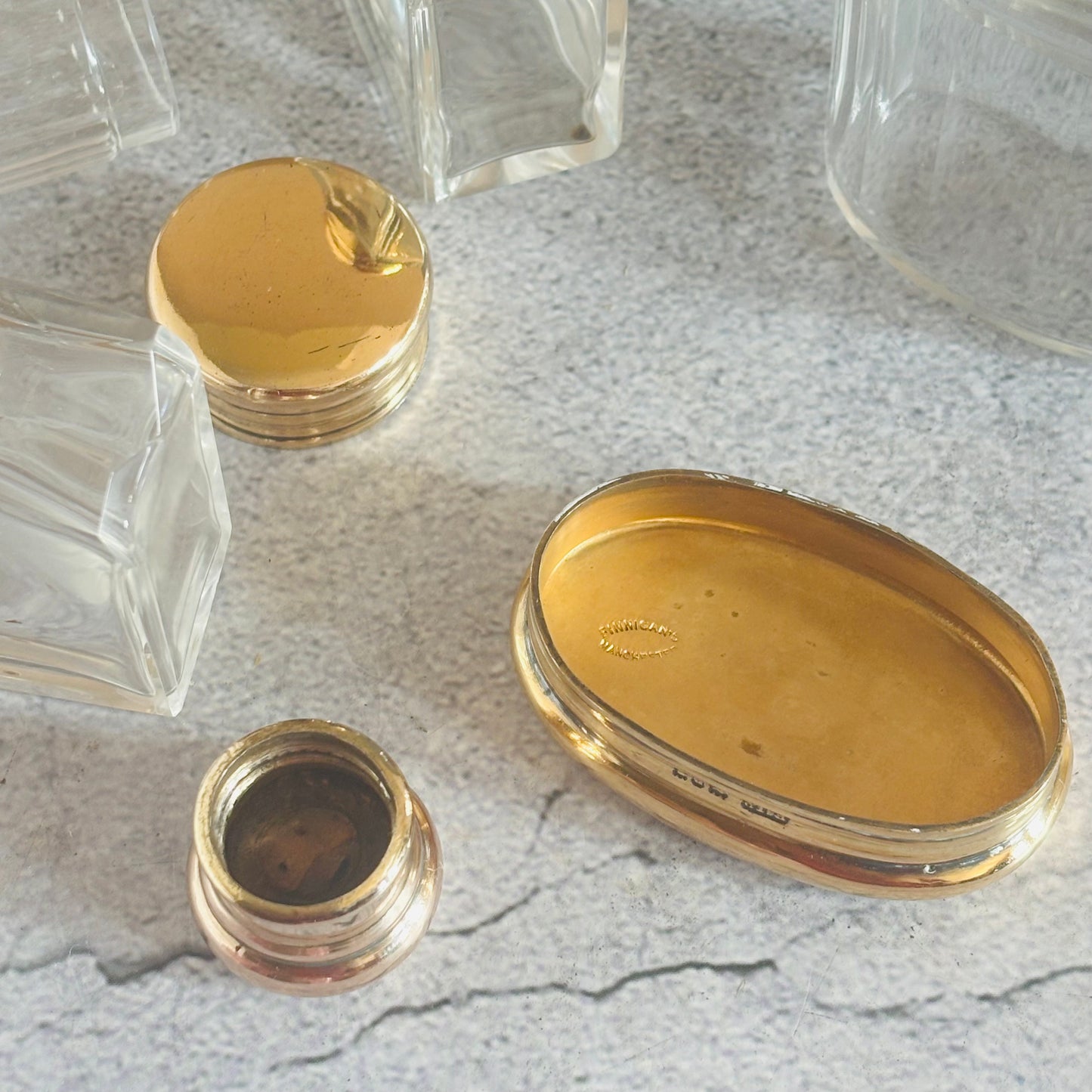 Antique Vanity Glass Jars. Sterling Silver Gilt Lids | The Urban Vintage Affair