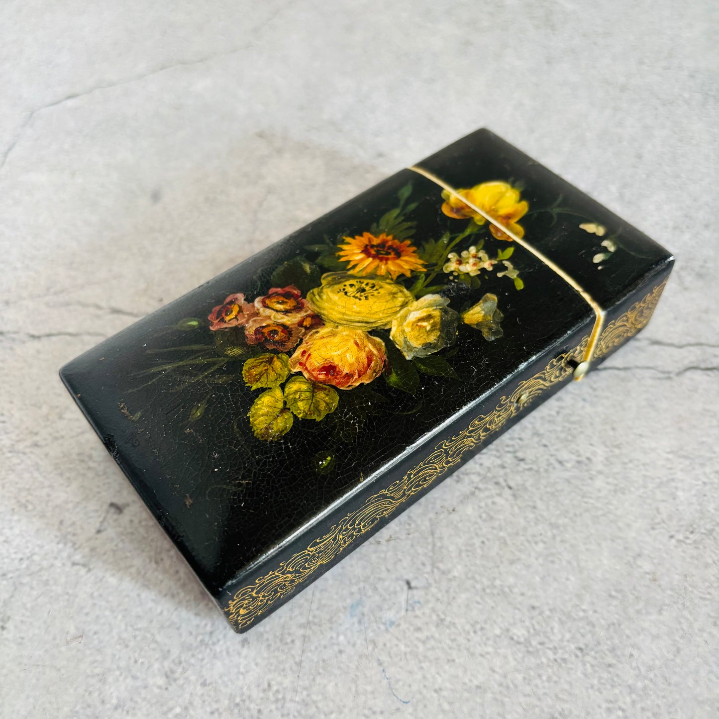 Antique Lacquer Hand Painted Paper Mache Box