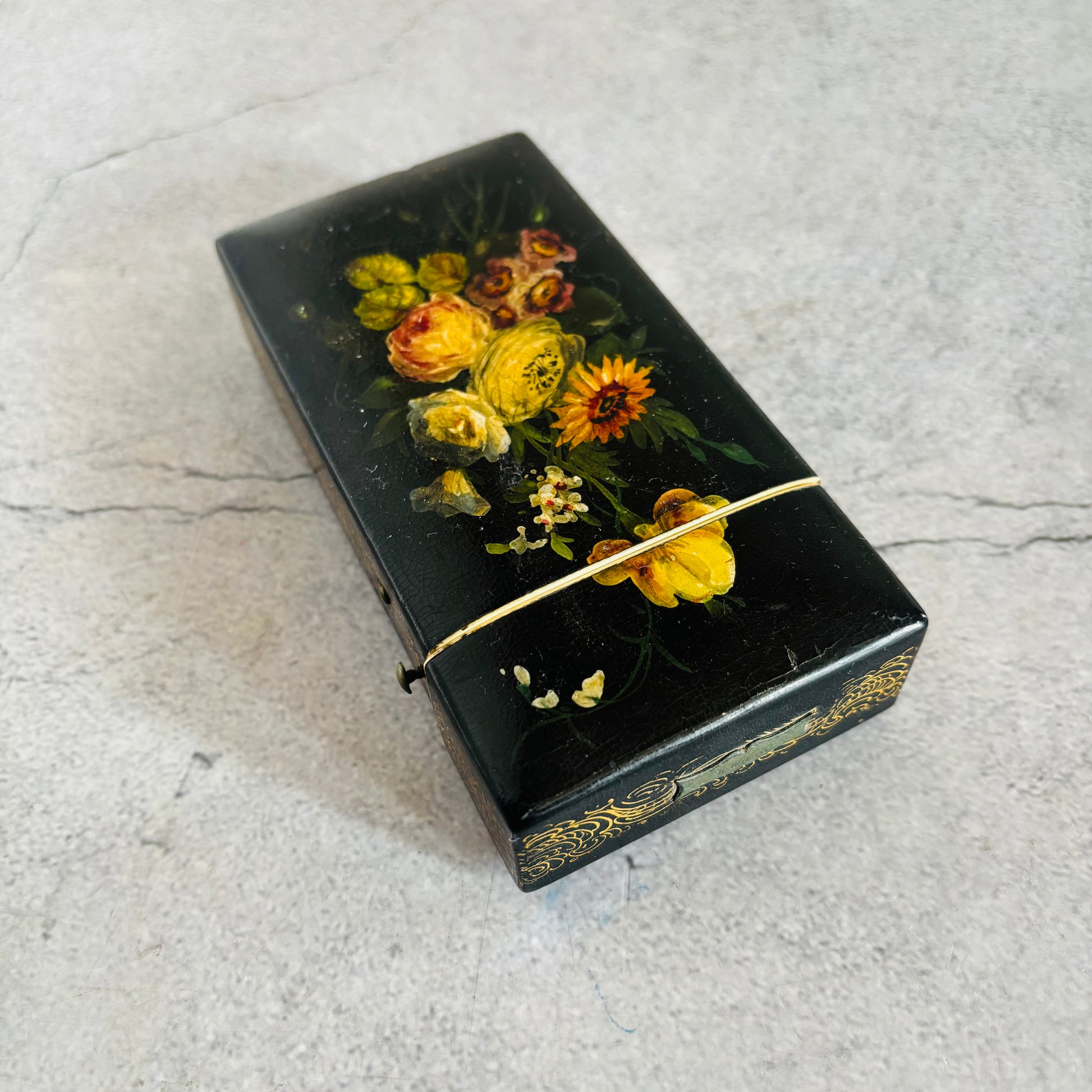 Antique Lacquer Hand Painted Paper Mache Box