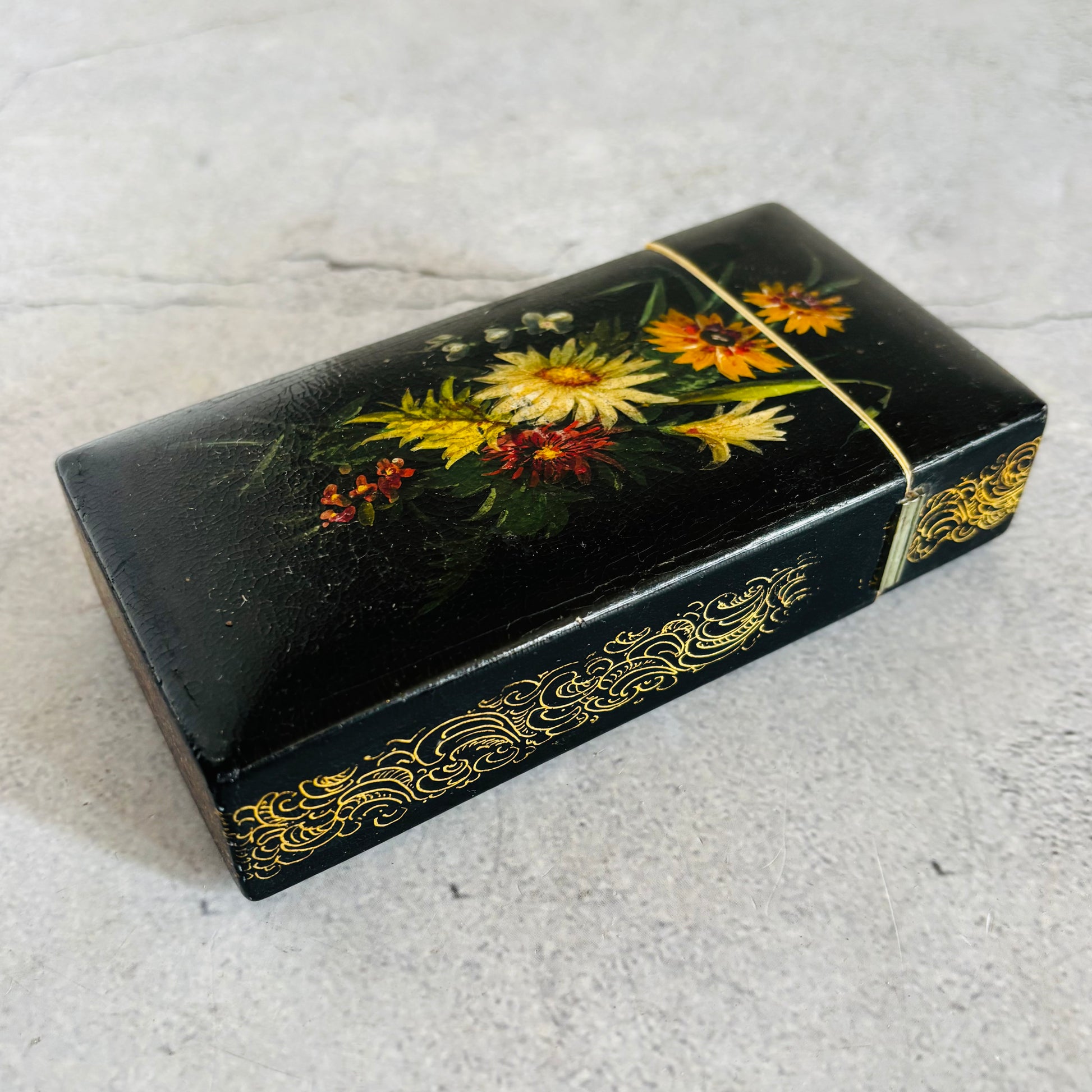 Antique Lacquer Hand Painted Paper Mache Box