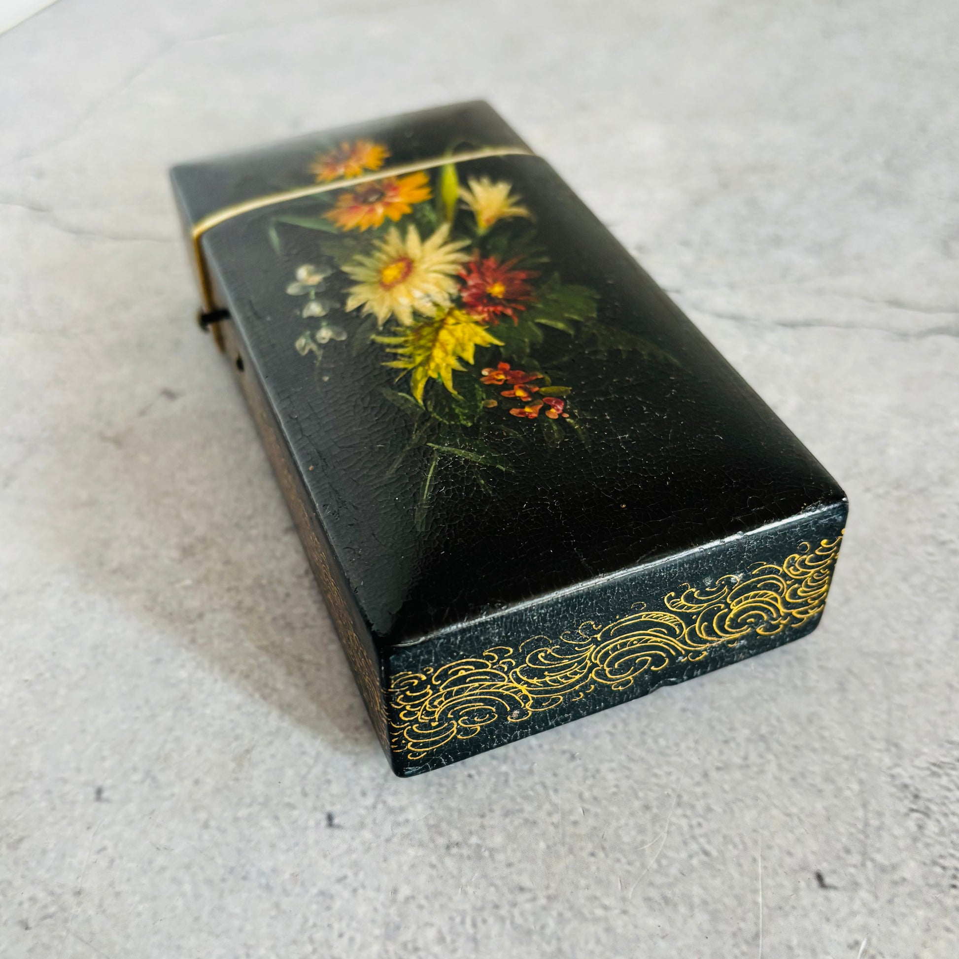 Antique Lacquer Hand Painted Paper Mache Box