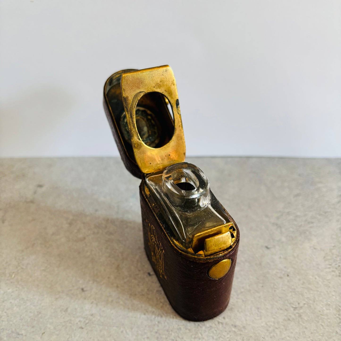 Antique Leather Bound Travel Inkwell