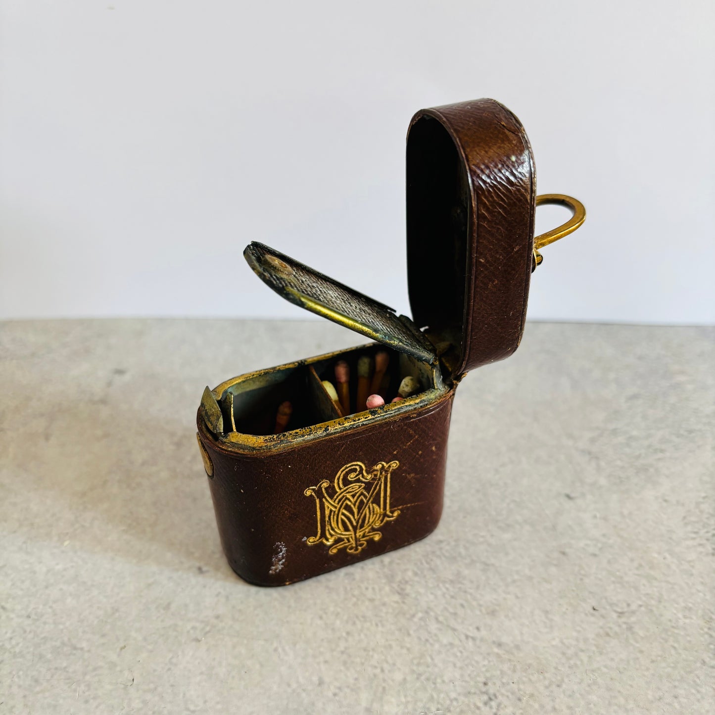 Antique Leather Bound Travel Vesta Match Striker