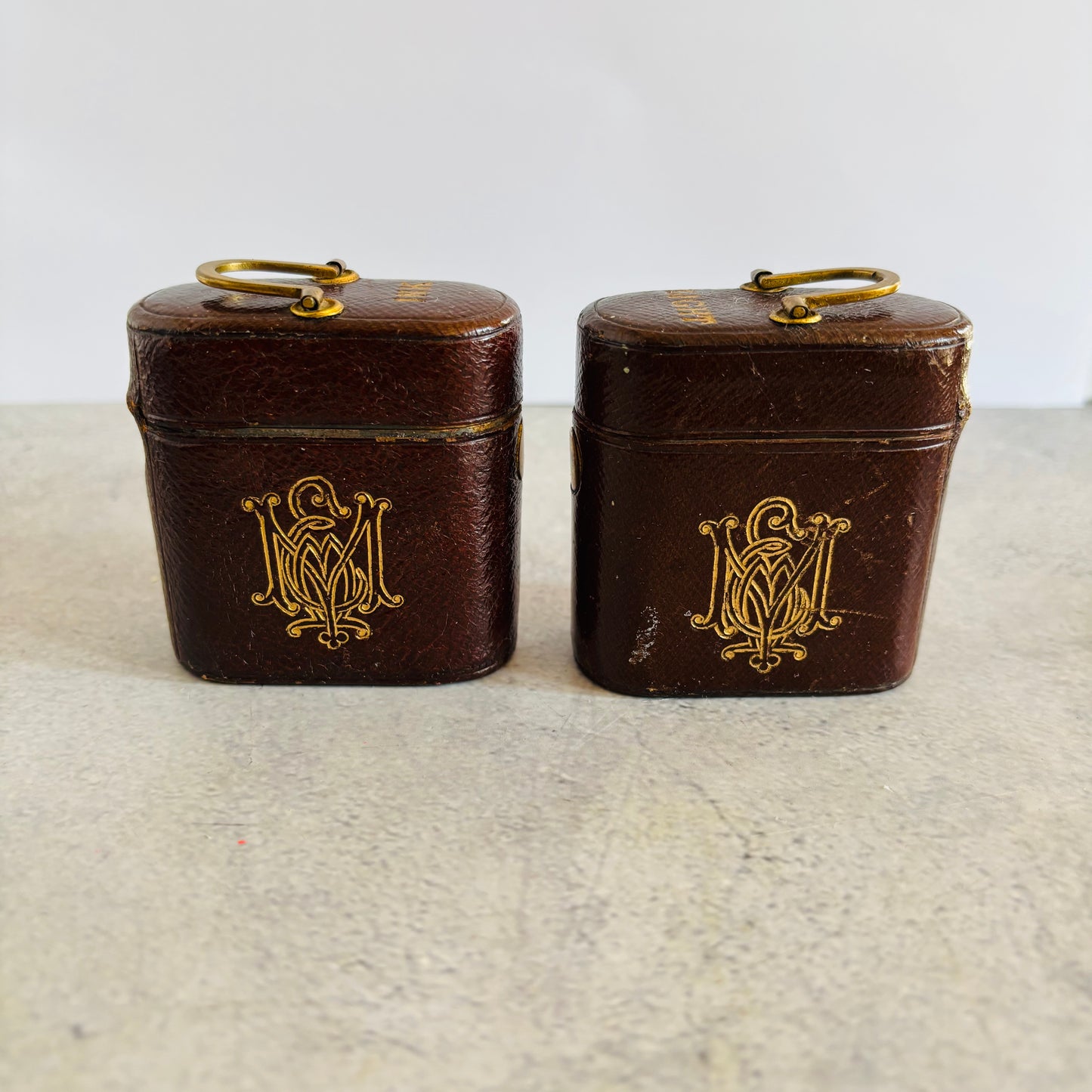 Antique Leather Bound Travel Inkwell & Vesta Match Striker