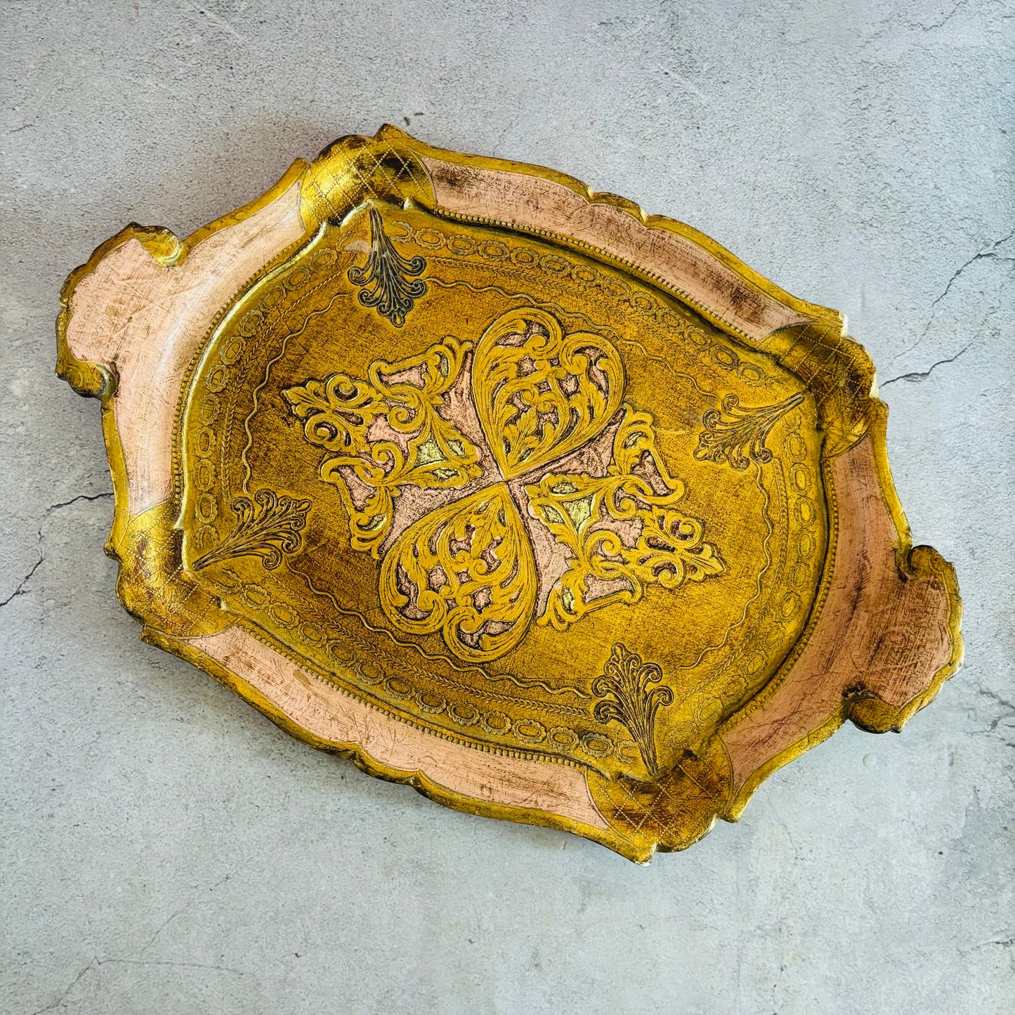 Vintage Pink & Gold Florentine Paper Mache Tray