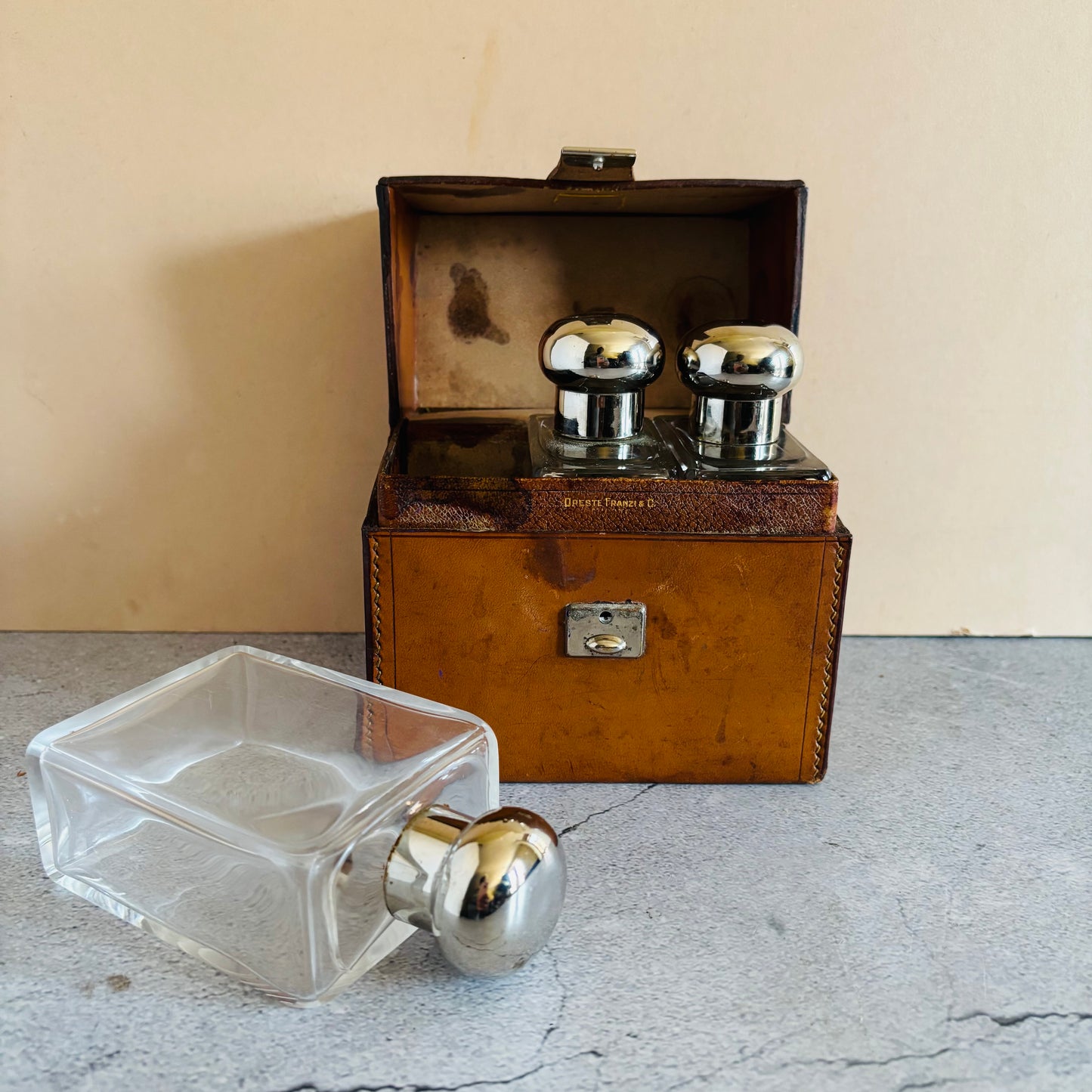Antique Travel Set of Italian Glass Scent Bottles in a Leather Case