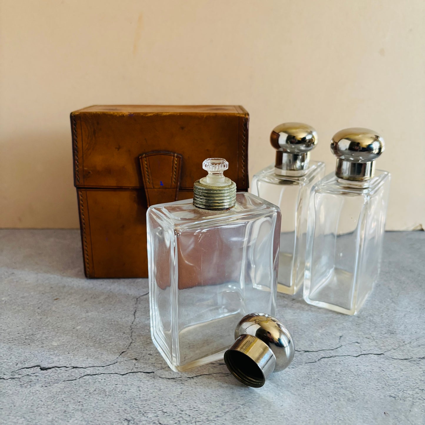 Antique Travel Set of Italian Glass Scent Bottles in a Leather Case