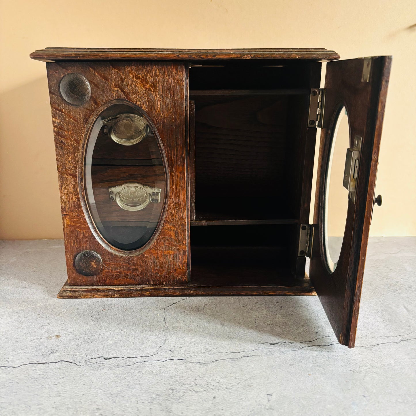 Antique Arts & Crafts Oak Smokers Pipe Cabinet For Storage Or Display with glass doors.