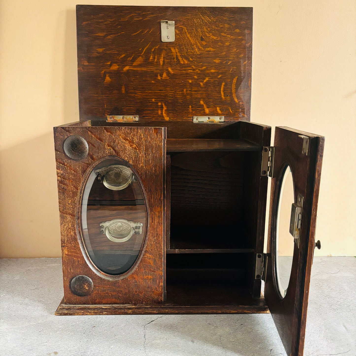 Antique Arts & Crafts Oak Smokers Pipe Cabinet For Storage Or Display
