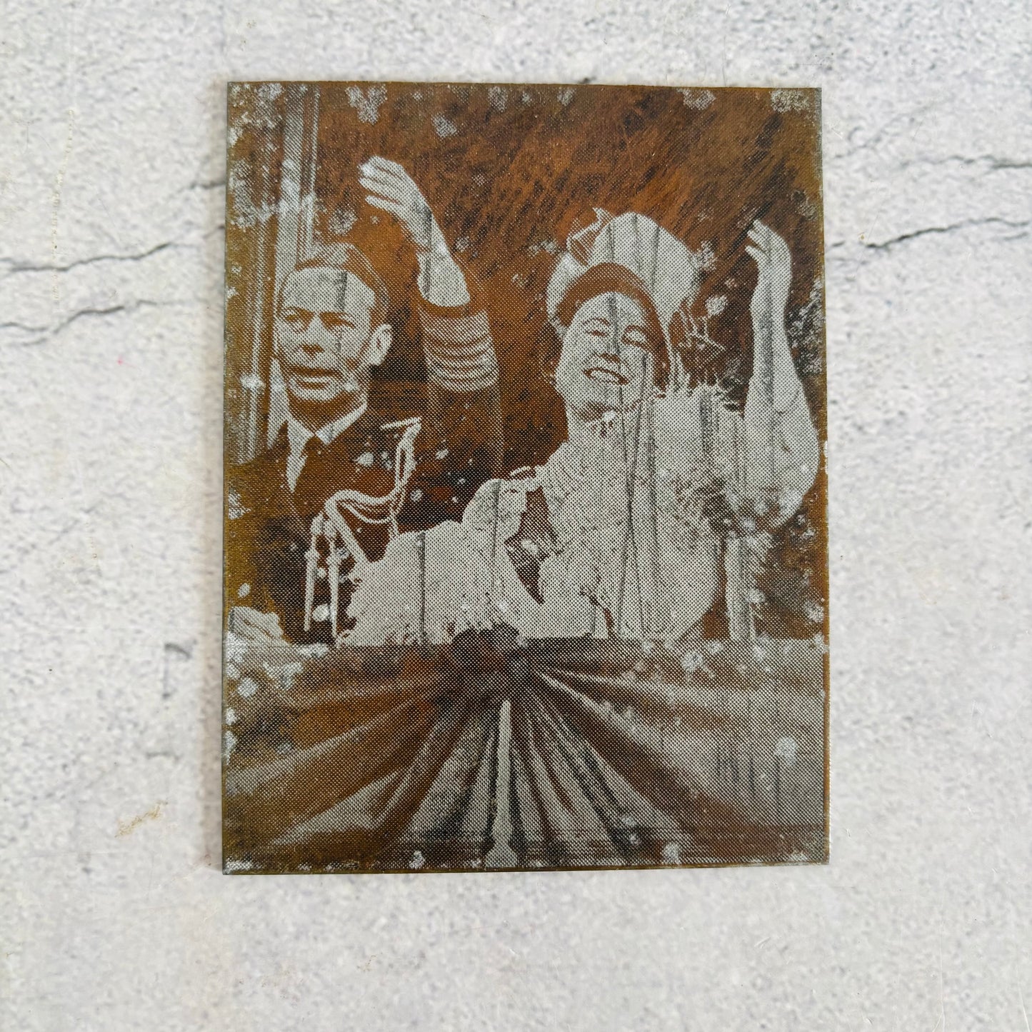 Printing Plate of King George with Queen Elizabeth on the balcony of Buckingham Palace on their Silver Wedding day, waving to the crowds