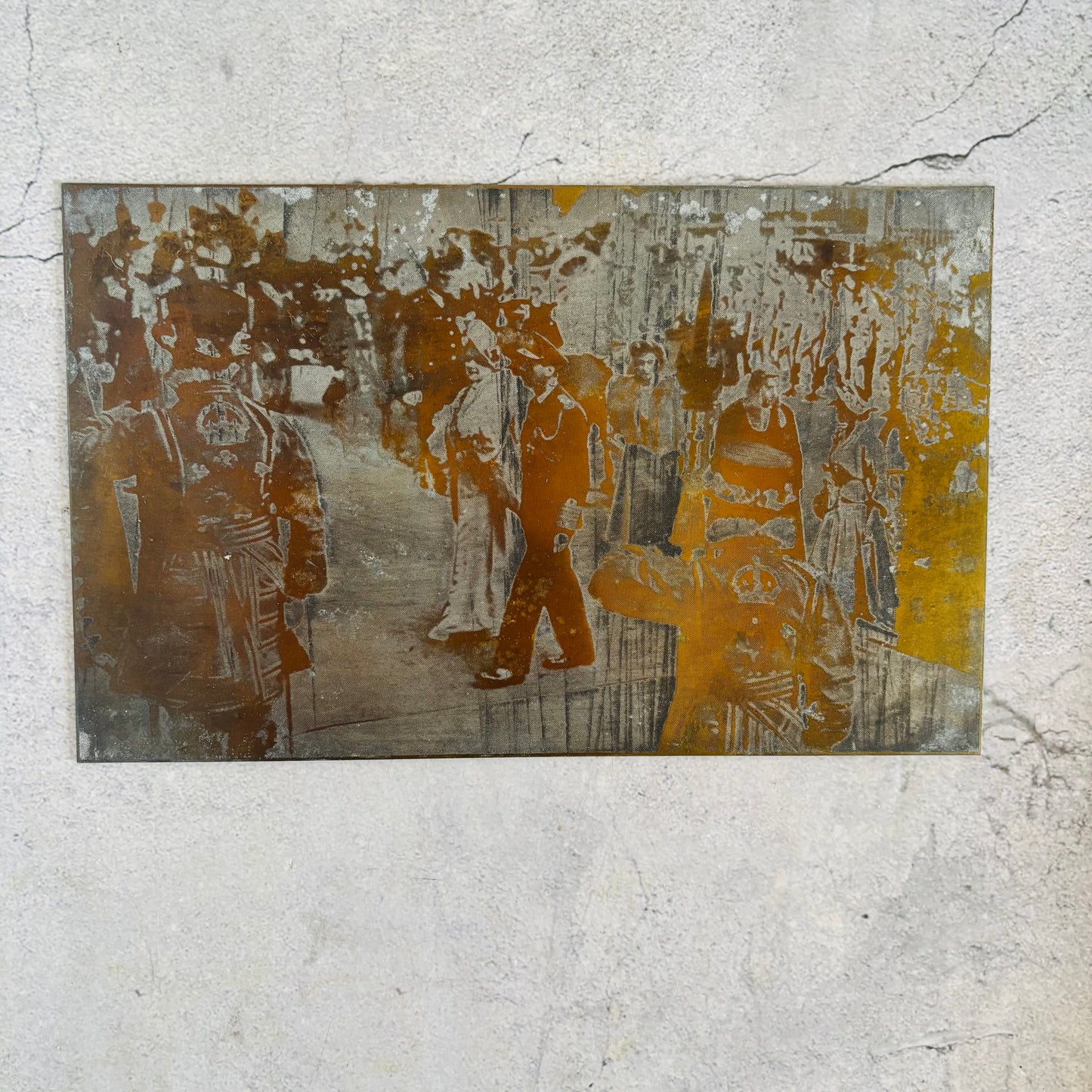 Steel printing plate of King George with Queen Elizabeth walking through the crowd and Beefeaters, on their Silver Wedding day