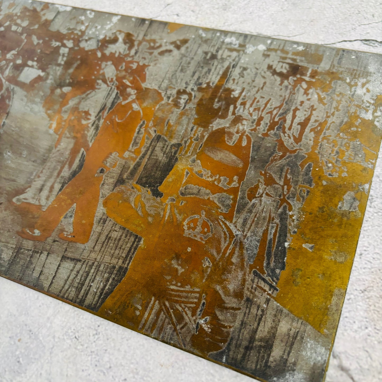 Steel printing plate of King George with Queen Elizabeth walking through the crowd and Beefeaters, on their Silver Wedding day
