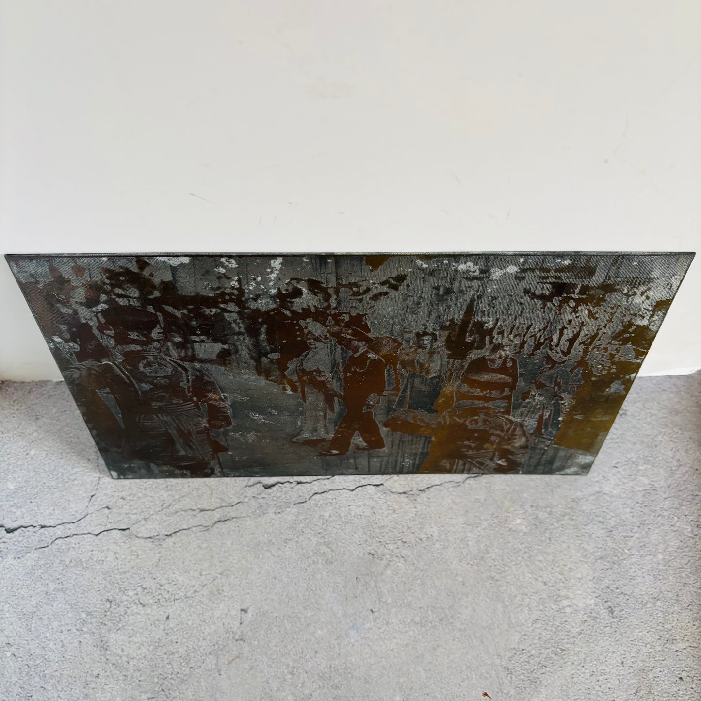Steel printing plate of King George with Queen Elizabeth walking through the crowd and Beefeaters, on their Silver Wedding day