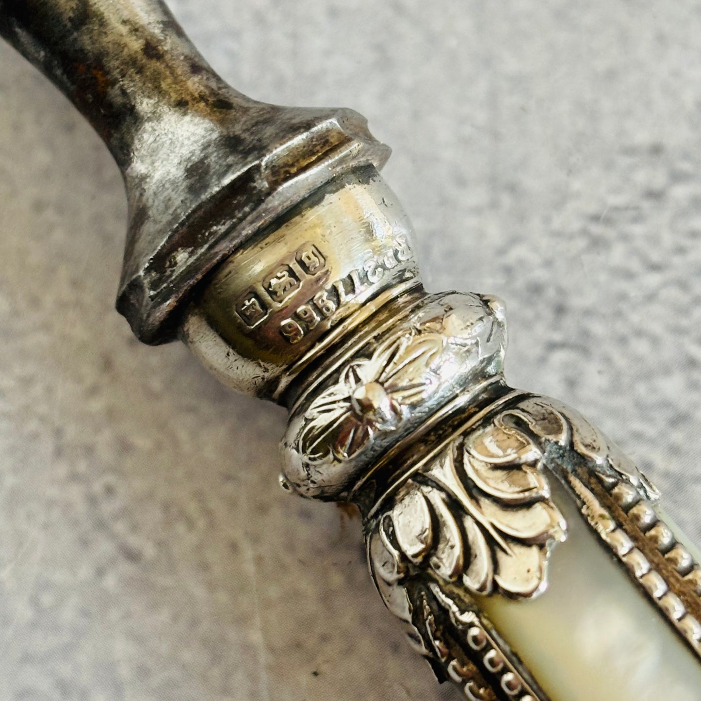 Decorative silver and bone handle with hallmarks engraving on a textured grey background