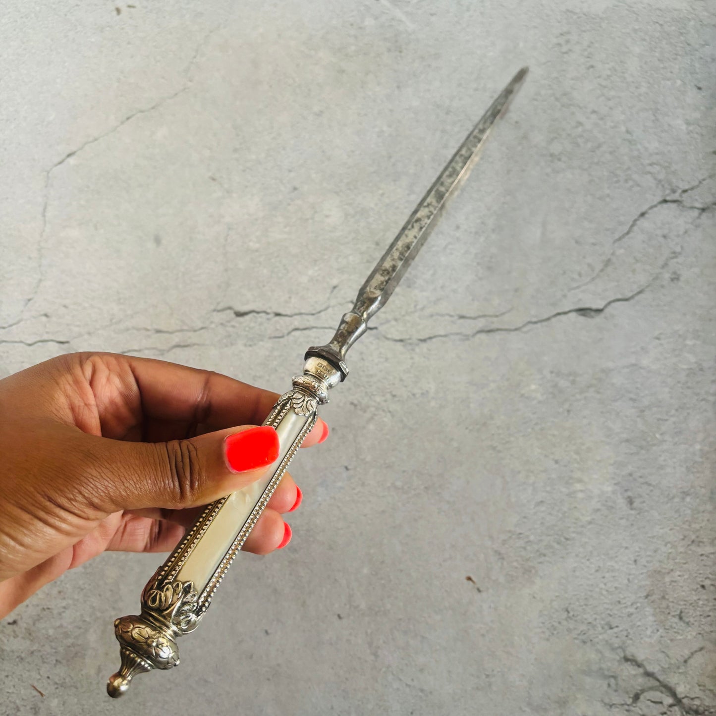 Antique Silver Mother Of Pearl Steel Skewer With A Beautifully Handle