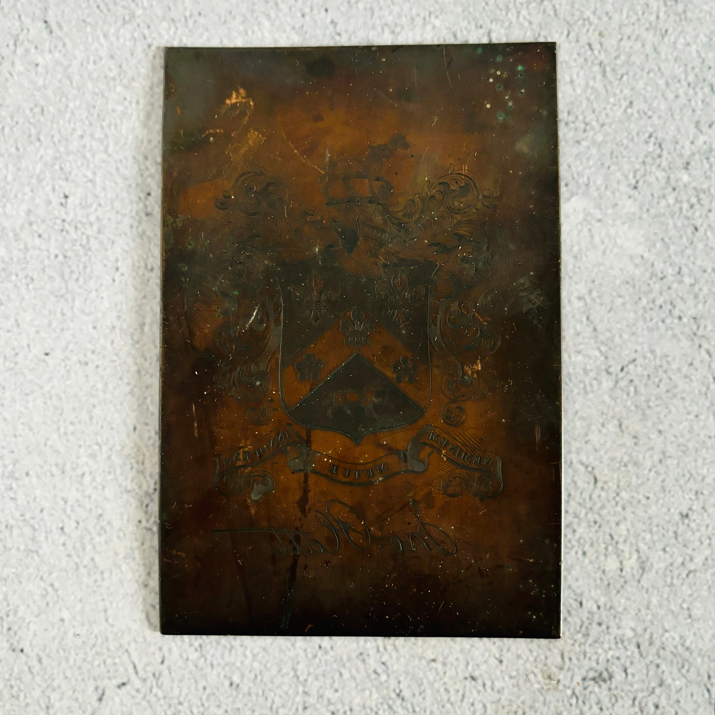 Antique Etched Copper Printing Plate Of Coat of arms for the Platt family