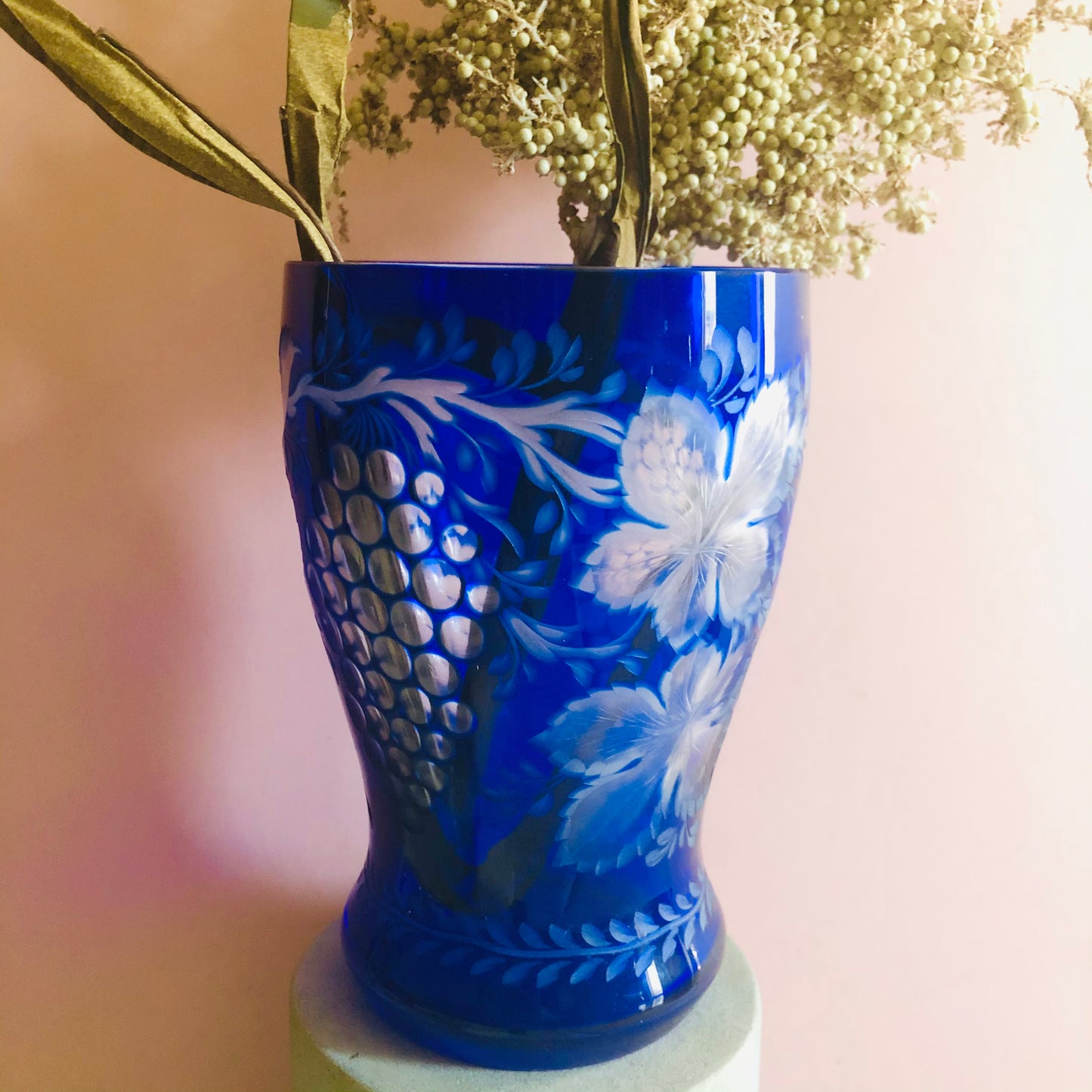 Vintage Bohemian Blue Cut Glass Vase