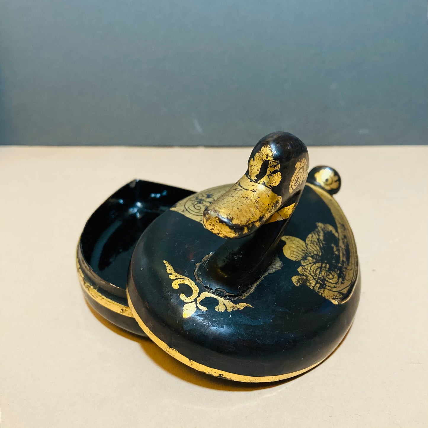 Burmese Vintage Paper Mache Black Lacquer Duck Boxes