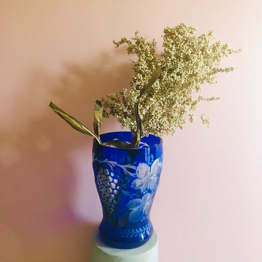 Vintage Bohemian Blue Cut Glass Vase
