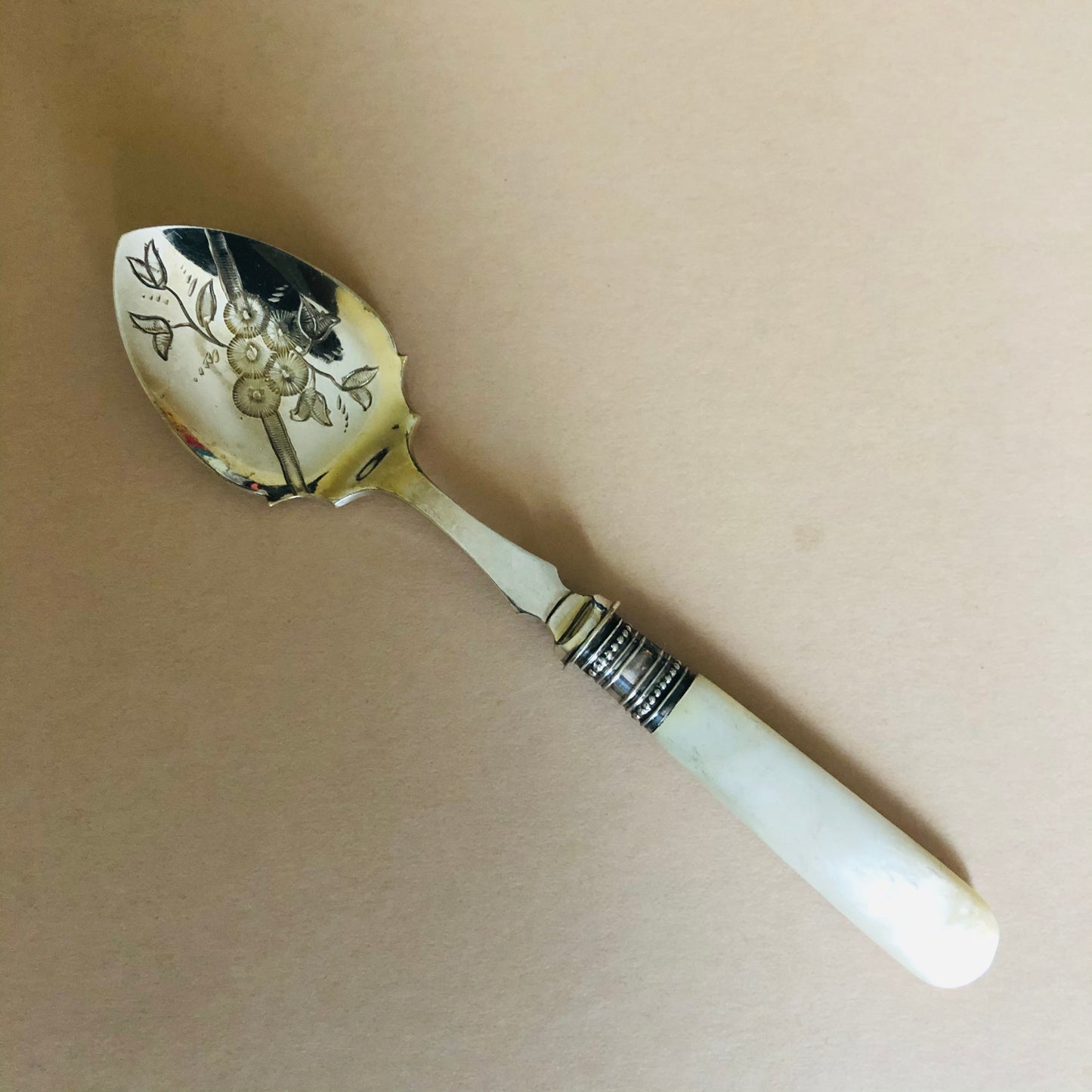 Antique Silver Spoon with Mother Of Pearl Handle