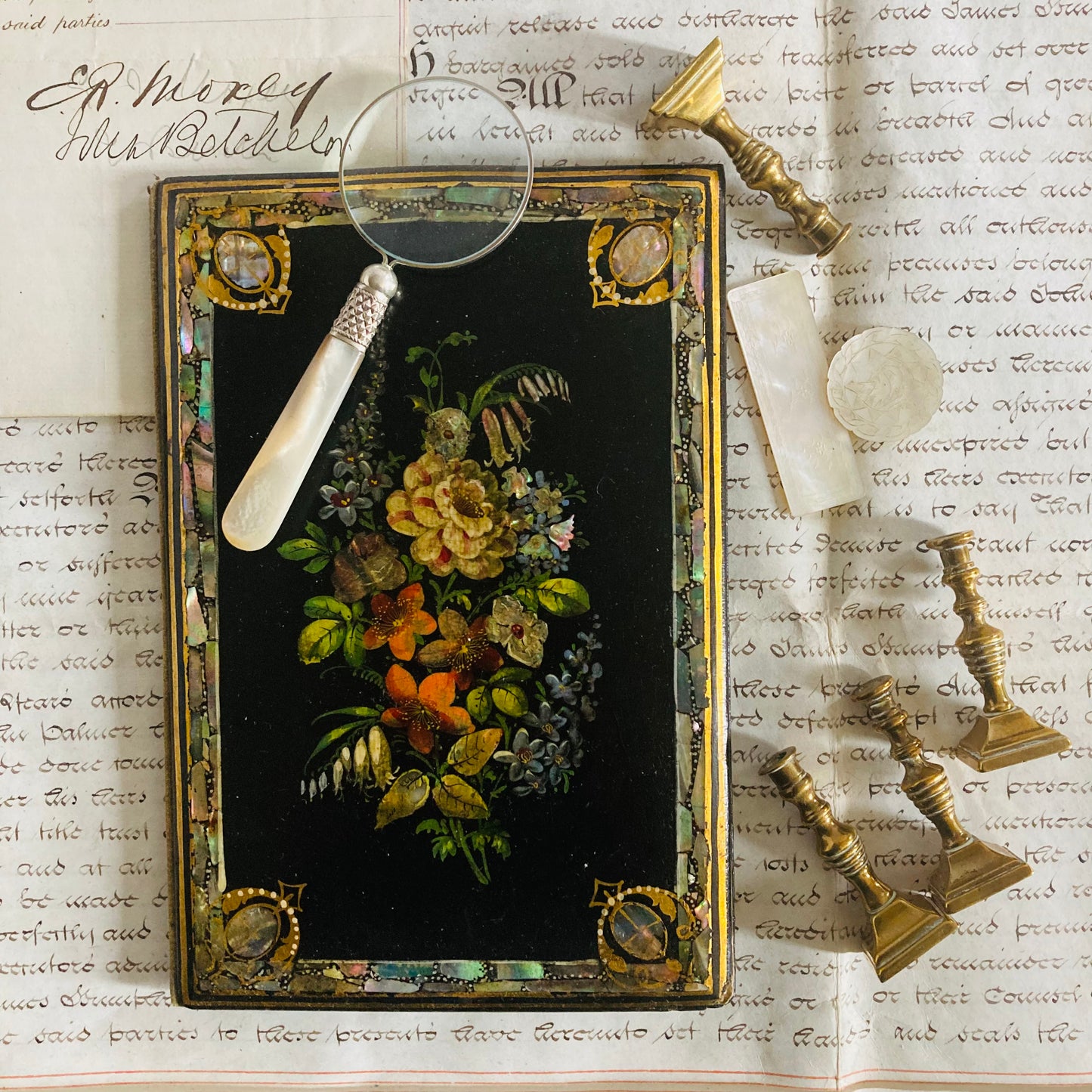 The Director Hope - Antique Black Lacquer Paper Mache Letter Folio Blotter