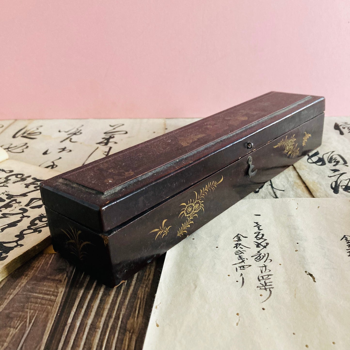 Antique Lacquered Hand Painted Oriental Chinese Fan Box Qing Dynasty