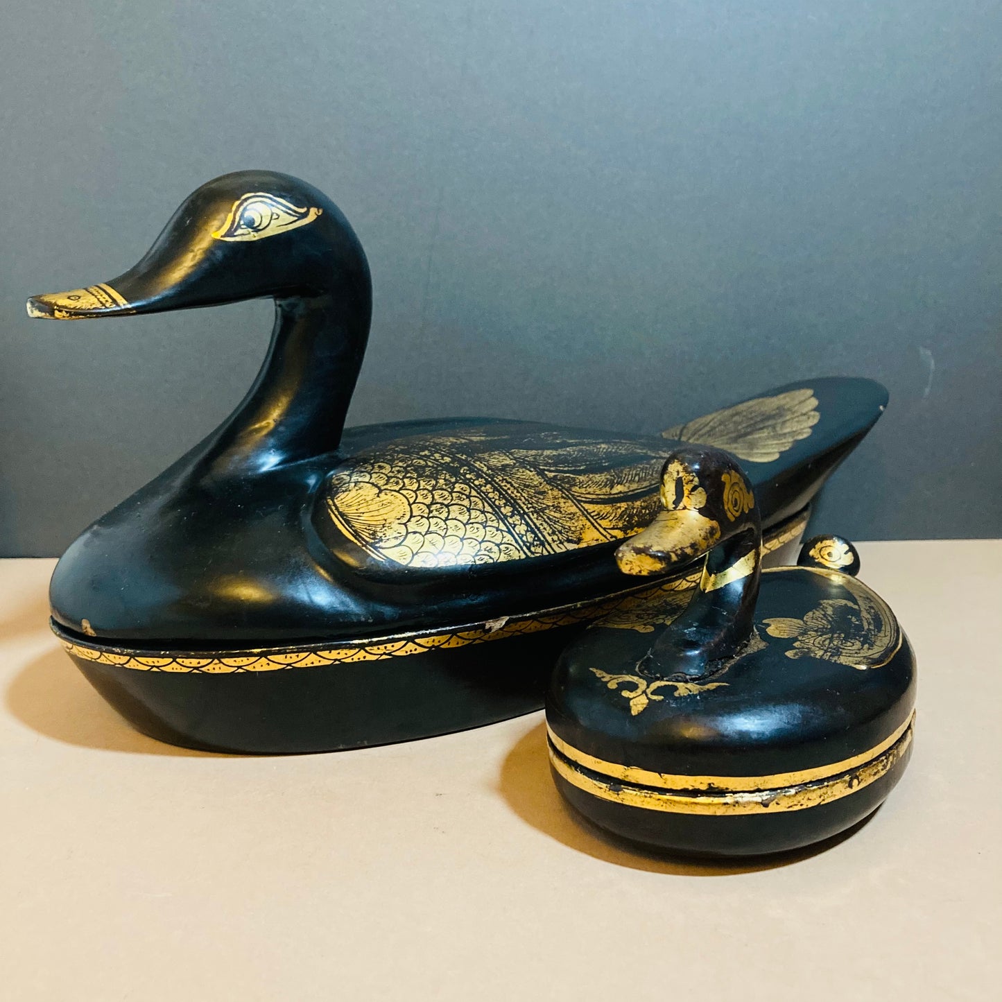 Burmese Vintage Paper Mache Black Lacquer Duck Boxes