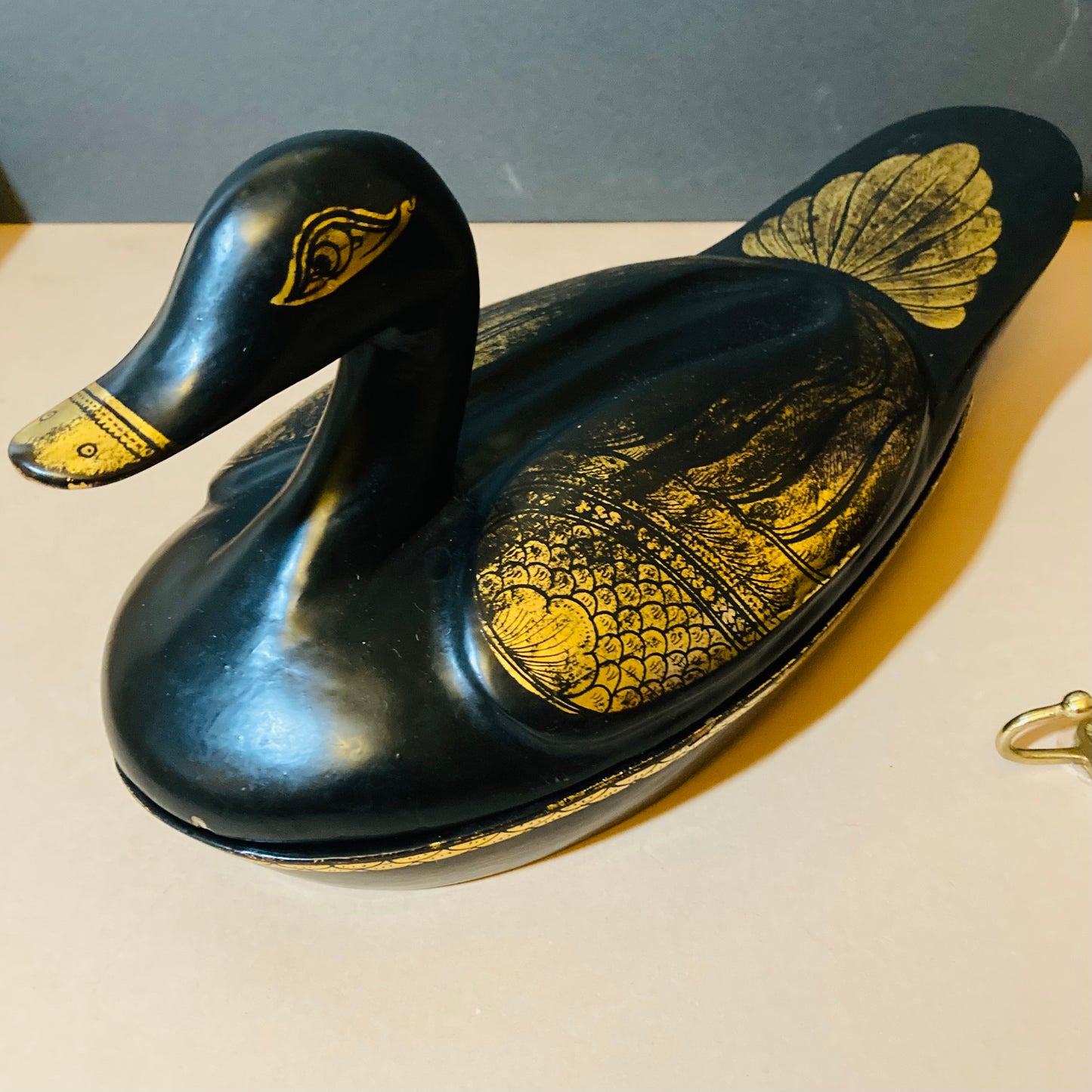 Burmese Vintage Paper Mache Black Lacquer Duck Boxes