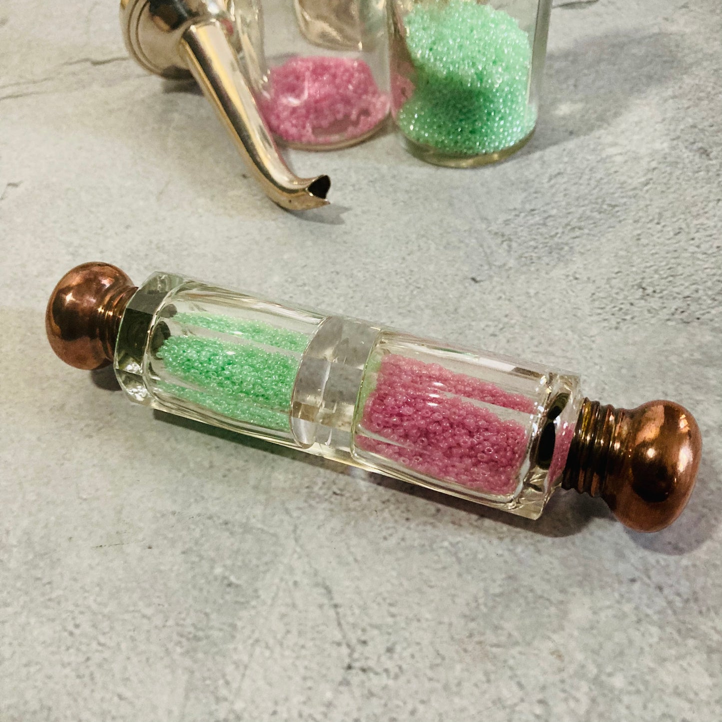 Unusual Antique Glass Double Ended Scent Bottle with Copper Lid