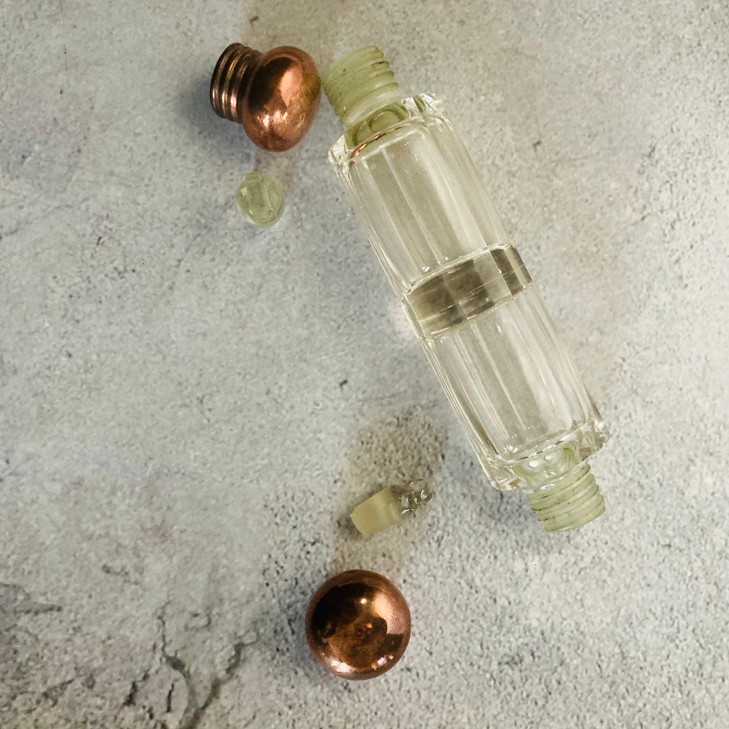 Unusual Antique Glass Double Ended Scent Bottle with Copper Lid