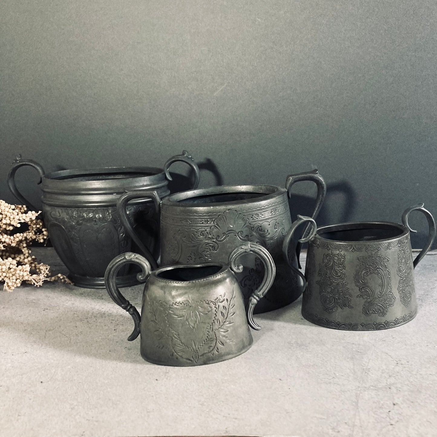 Antique English Pewter Engraved Sugar Bowls
