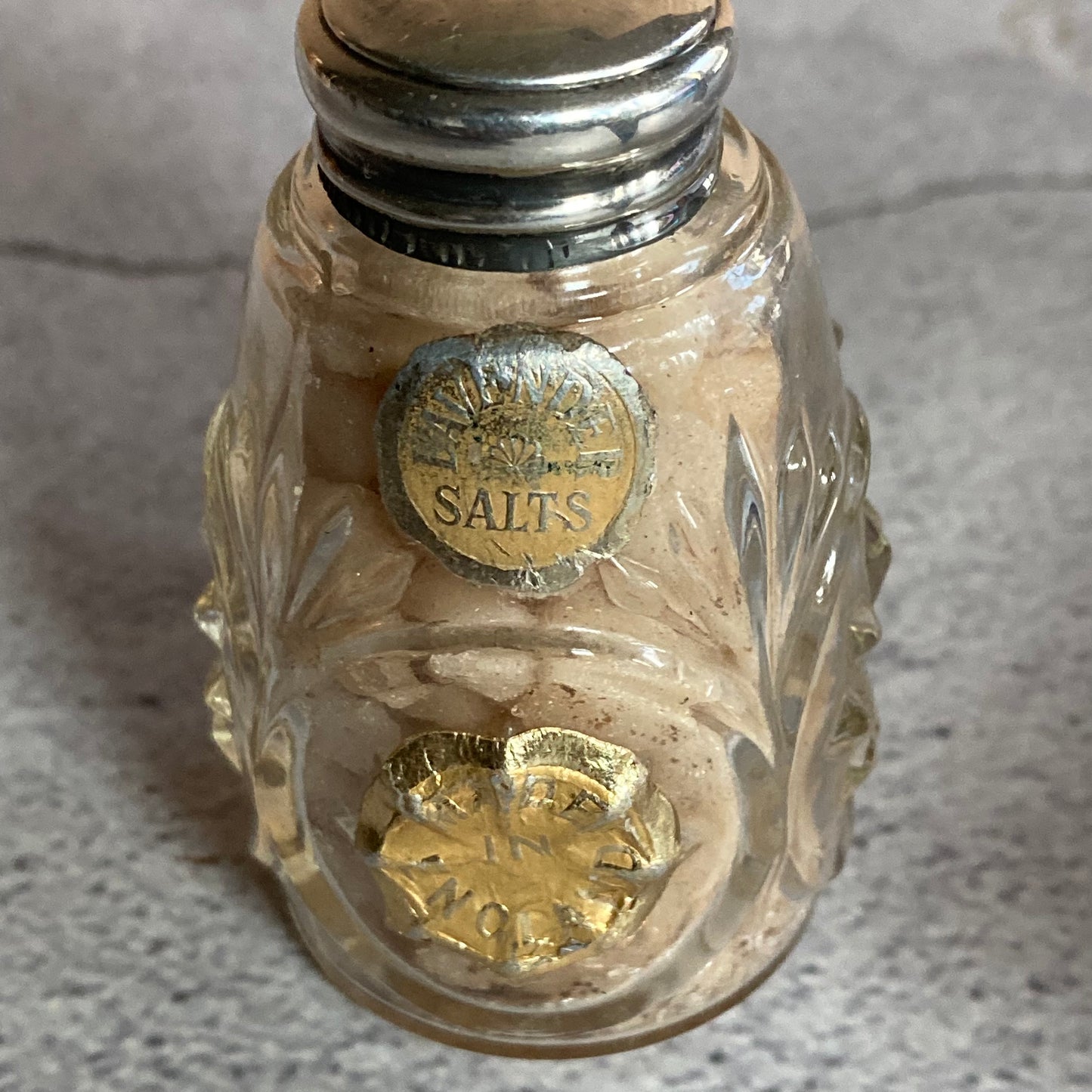 Antique Silver Topped Lavender Salts Bottle With Contents