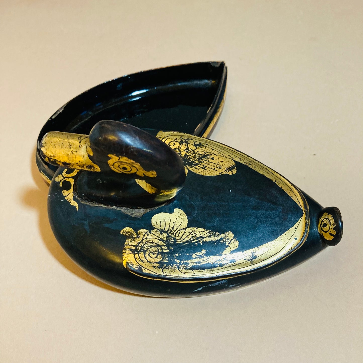 Burmese Vintage Paper Mache Black Lacquer Duck Boxes