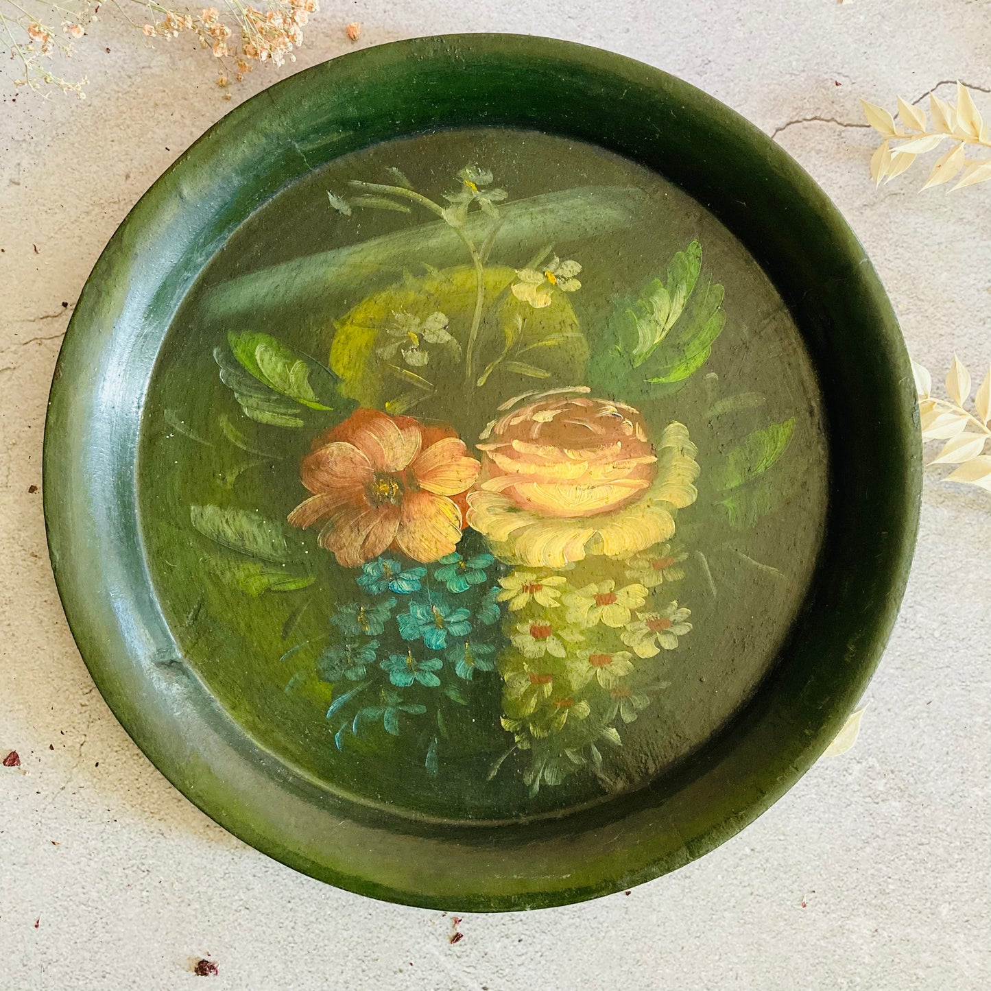 Vintage Hand Painted Green Tray With Pink Flowers