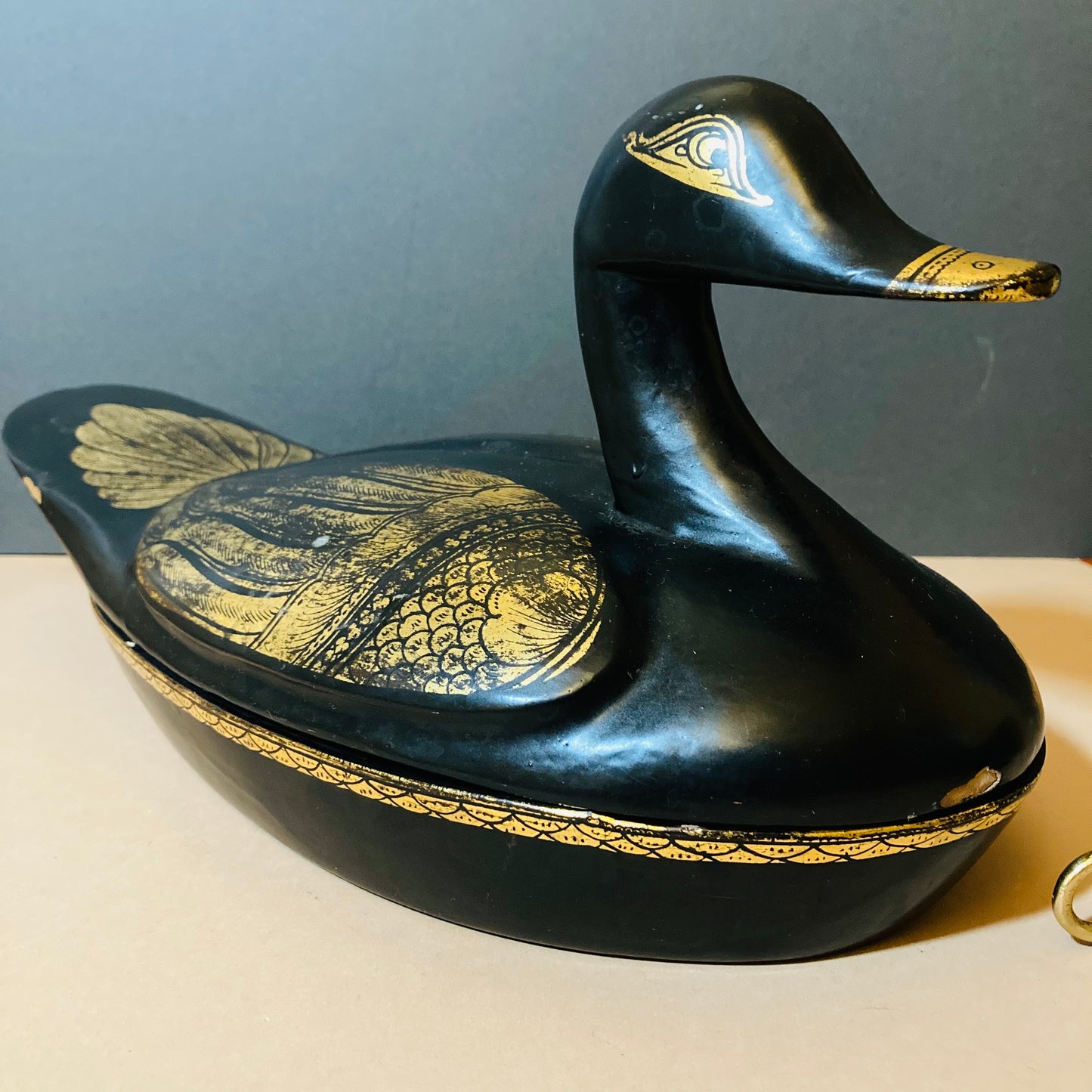 Burmese Vintage Paper Mache Black Lacquer Duck Boxes
