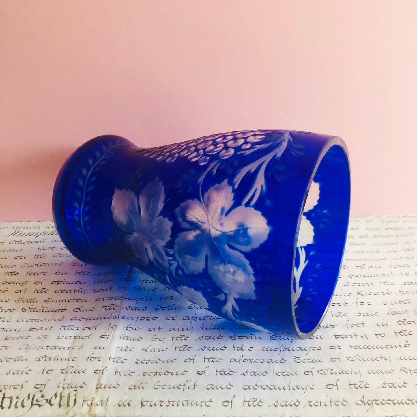 Vintage Bohemian Blue Cut Glass Vase