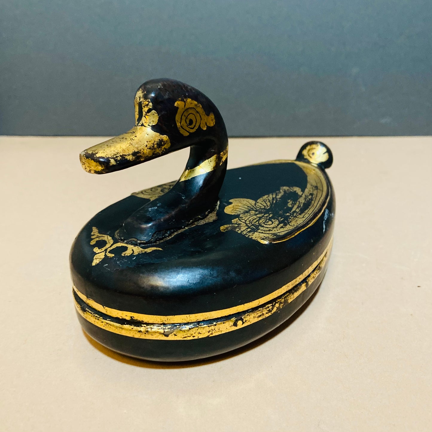 Burmese Vintage Paper Mache Black Lacquer Duck Boxes