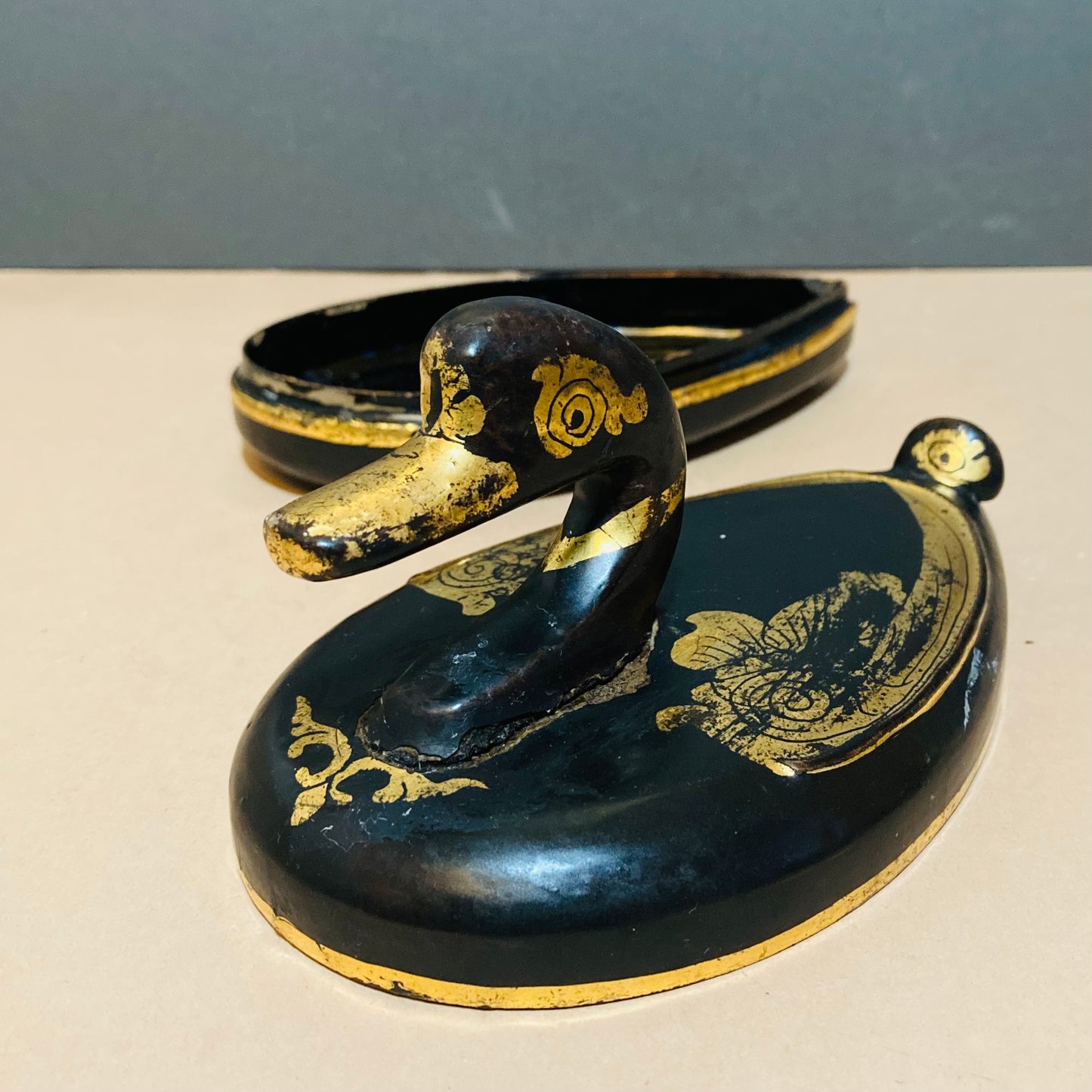Burmese Vintage Paper Mache Black Lacquer Duck Boxes