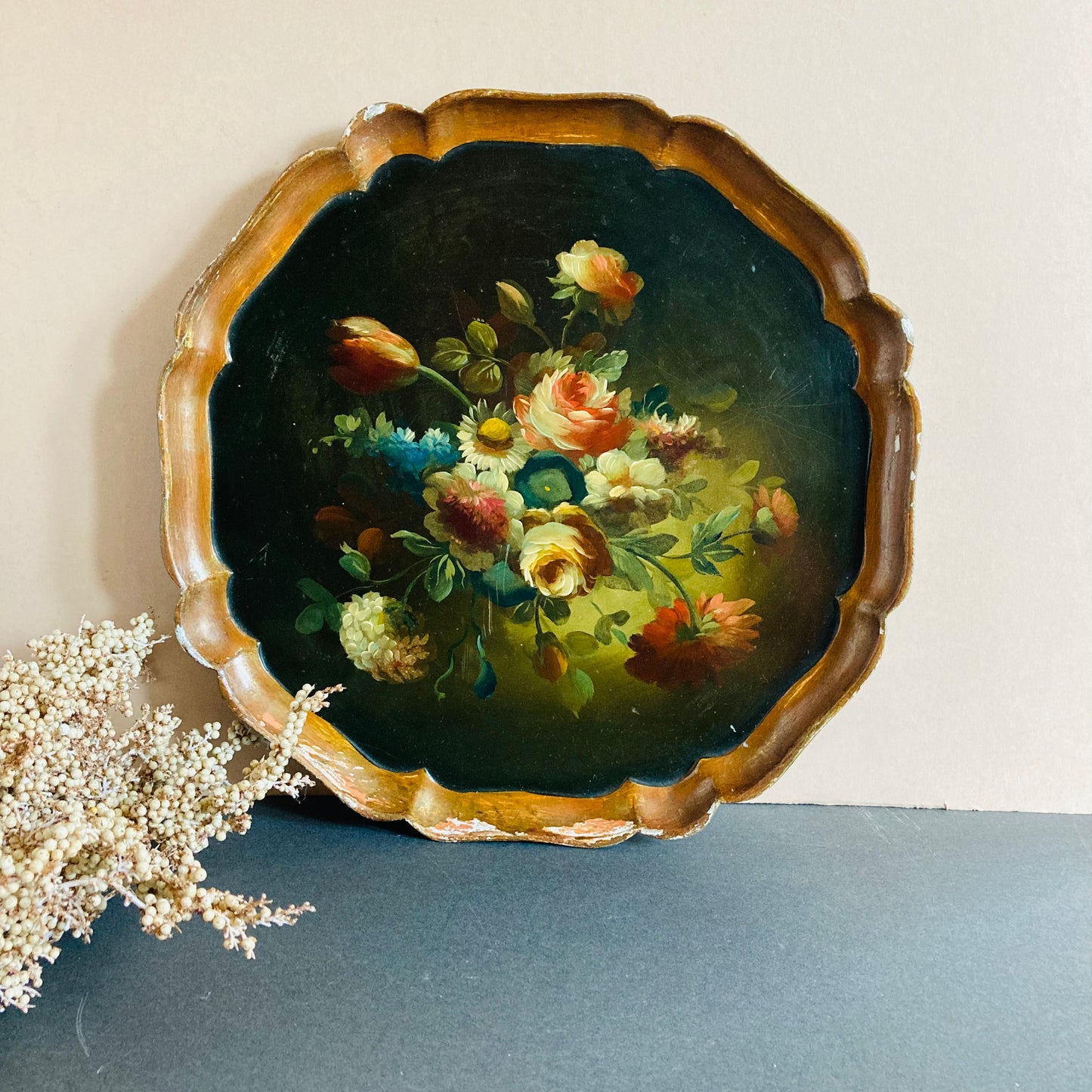 Antique Scalloped Paper Mache Floral Tray