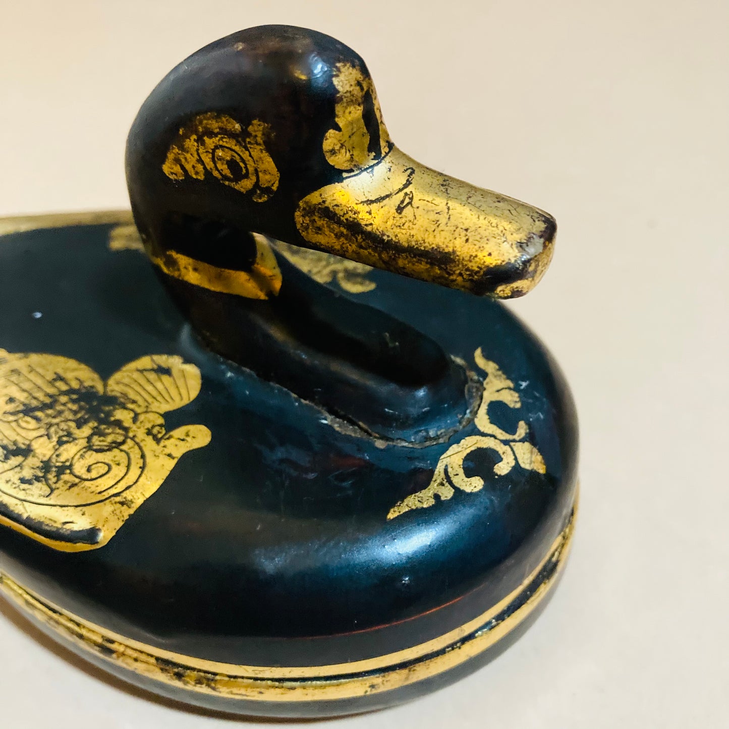 Burmese Vintage Paper Mache Black Lacquer Duck Boxes