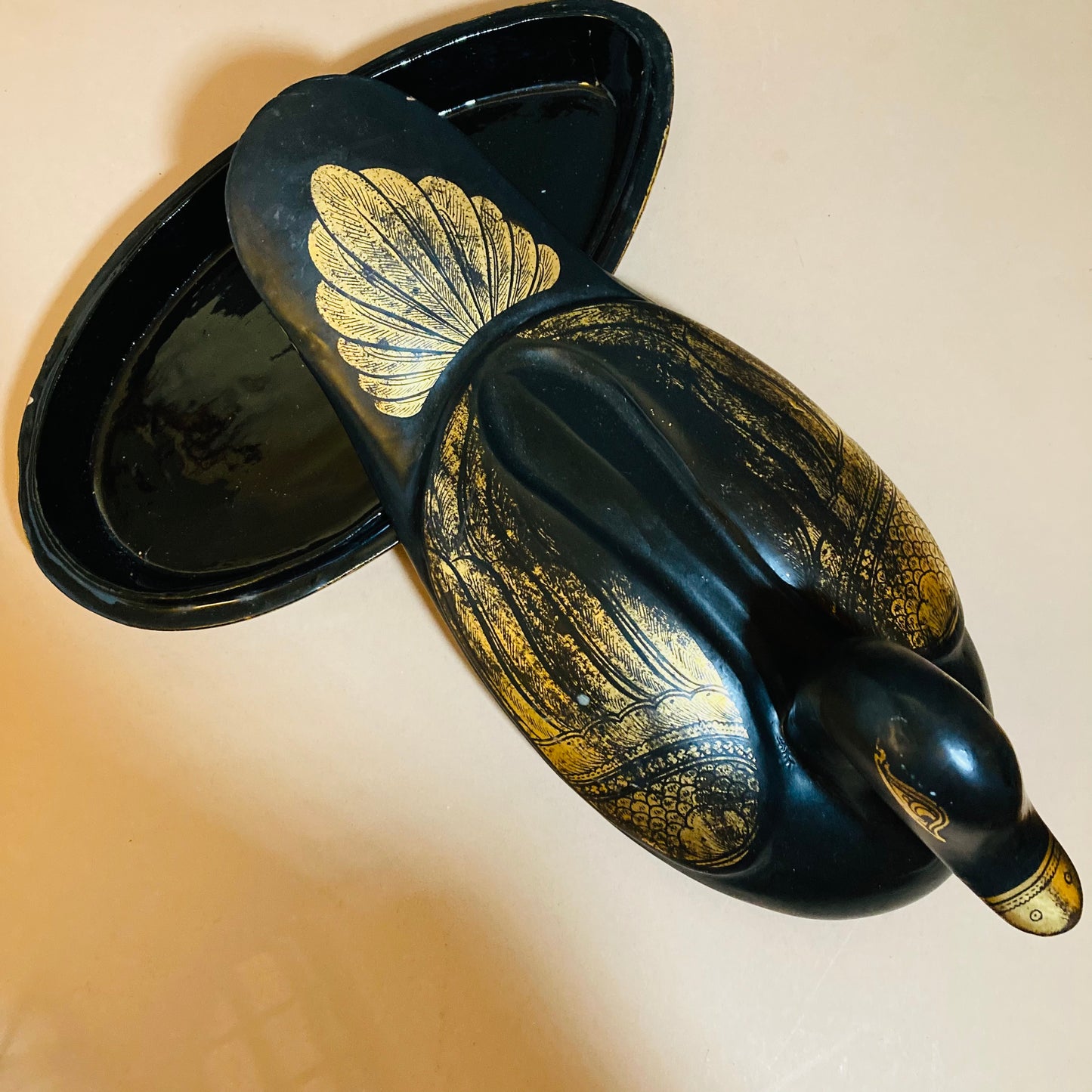 Burmese Vintage Paper Mache Black Lacquer Duck Boxes
