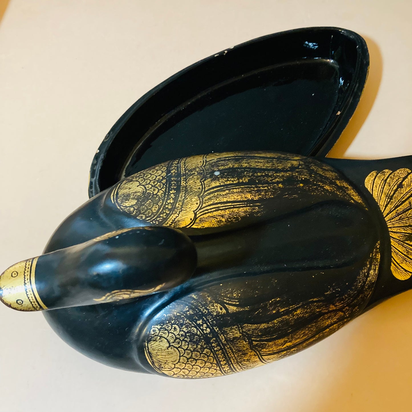 Burmese Vintage Paper Mache Black Lacquer Duck Boxes