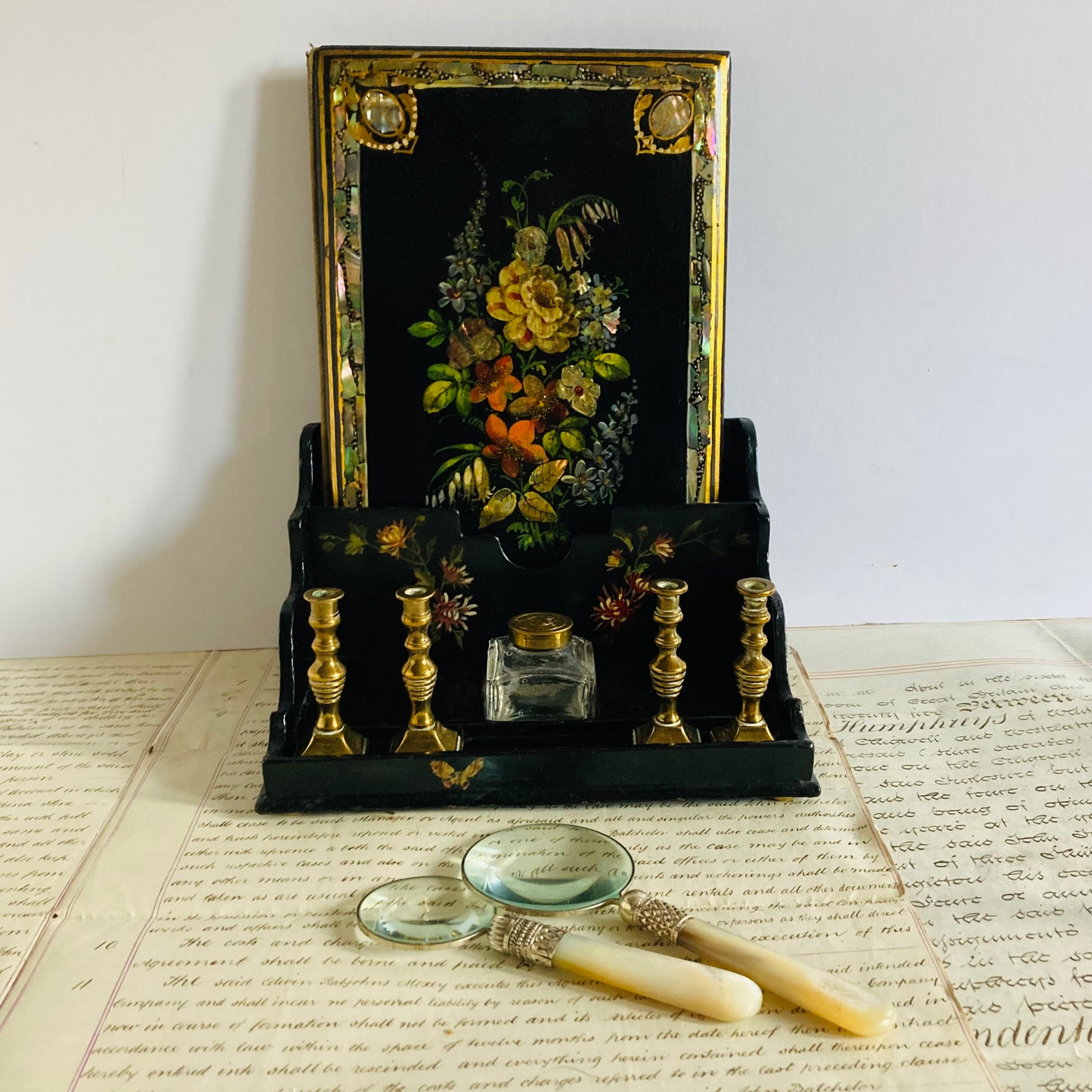 Antique Paper Mache Lacquer Chinoiserie Ink Blotter Letter Folio