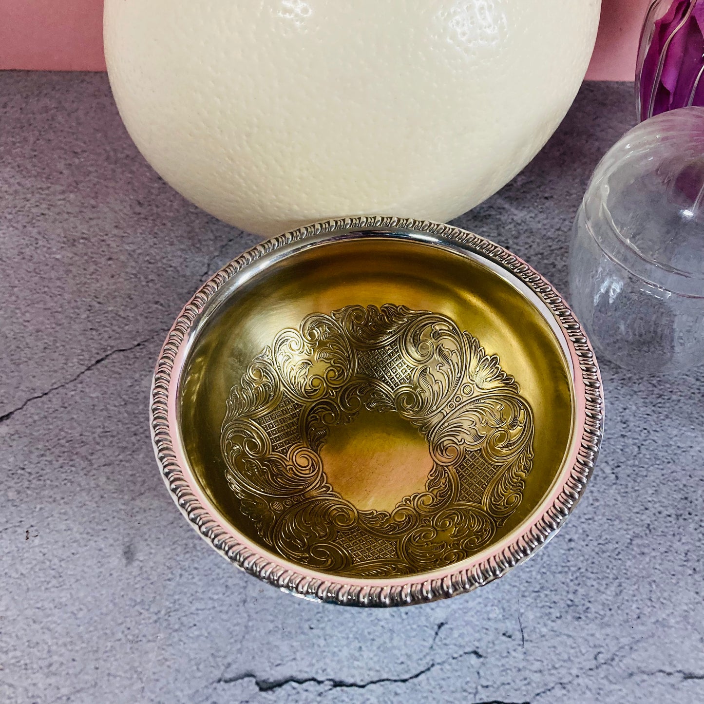 Antique Ostrich Egg and Silver Plate Ostrich Cup